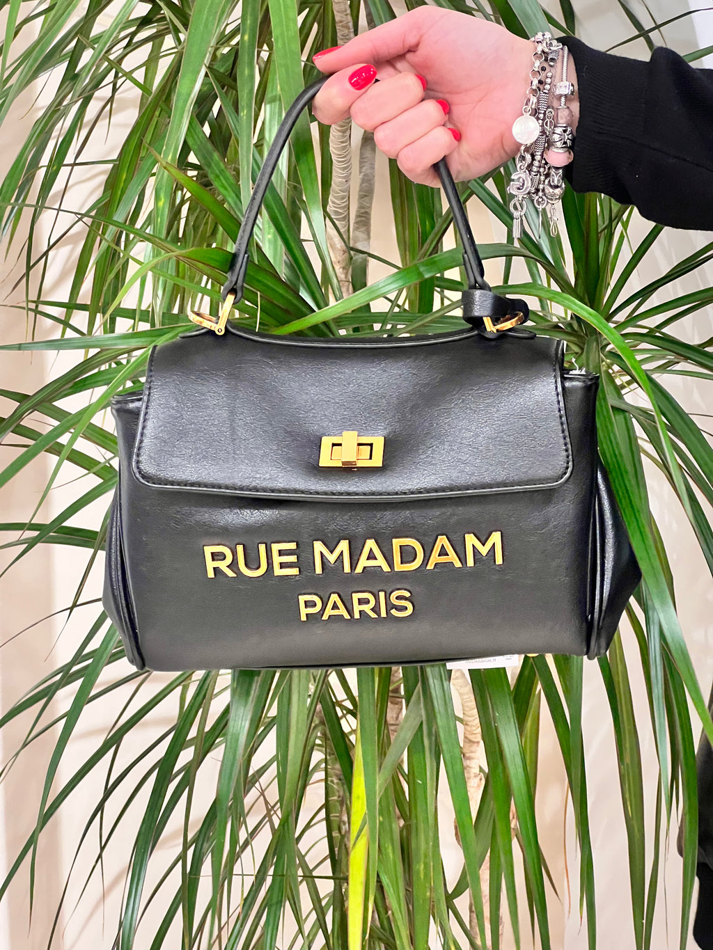 BORSA NERA RUE MADAME MEDIA MORBIDA CON SCRITTA ORO