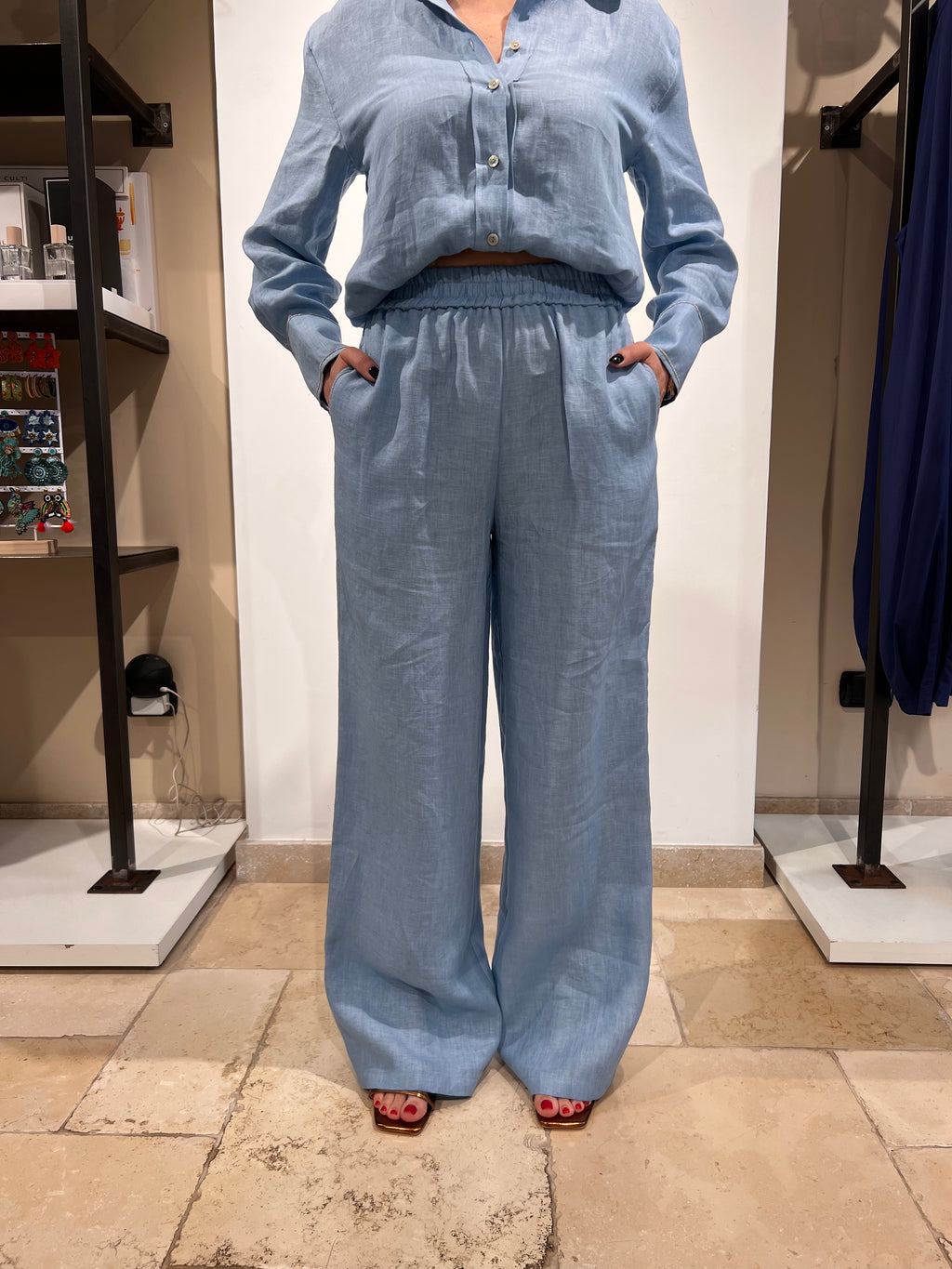 PANTALONE IN PURO LINO CON ELASTICO IN VITA E BANDA LATERALE ARGENTO