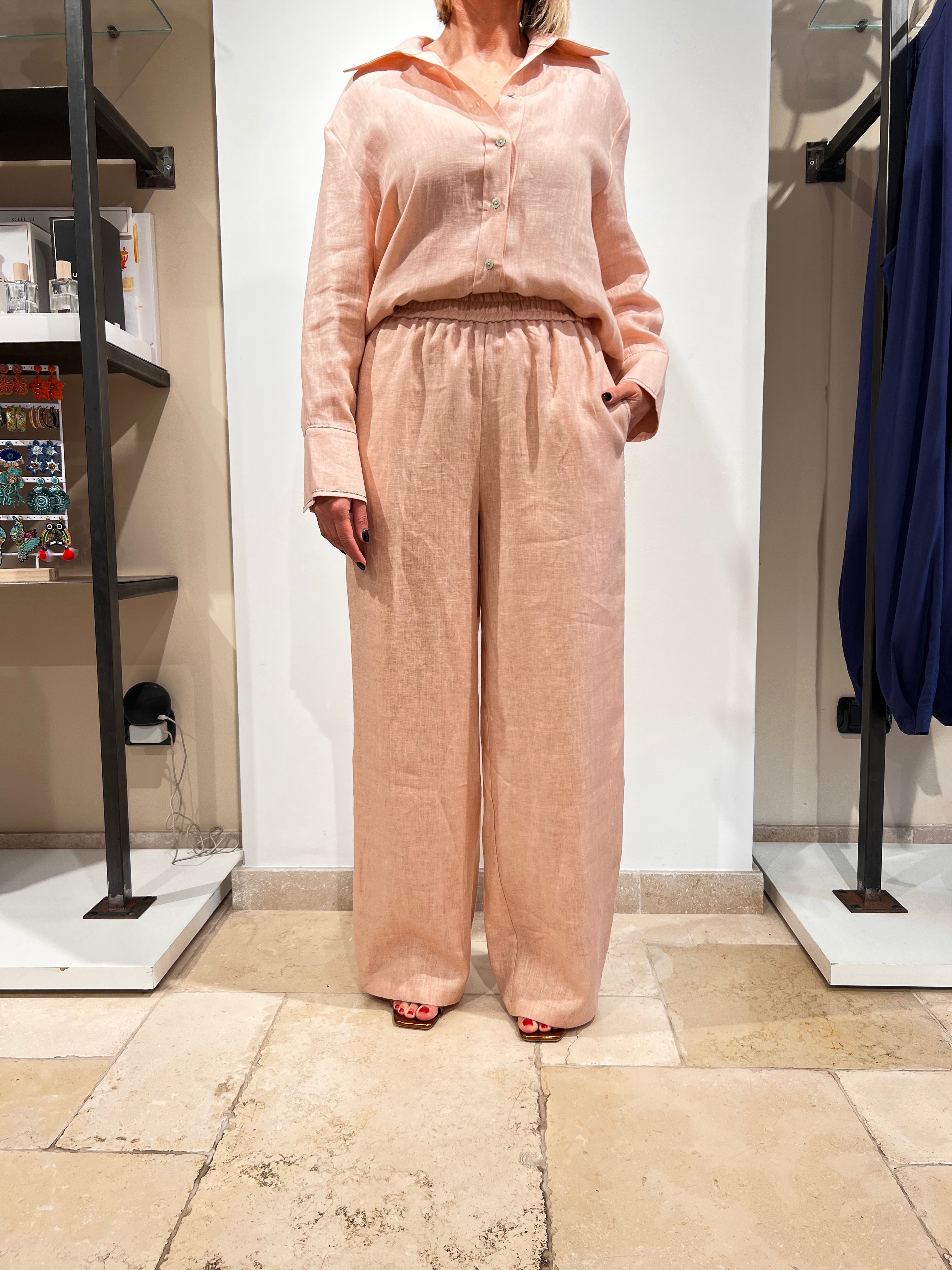 PANTALONE IN PURO LINO CON ELASTICO IN VITA E BANDA LATERALE ARGENTO