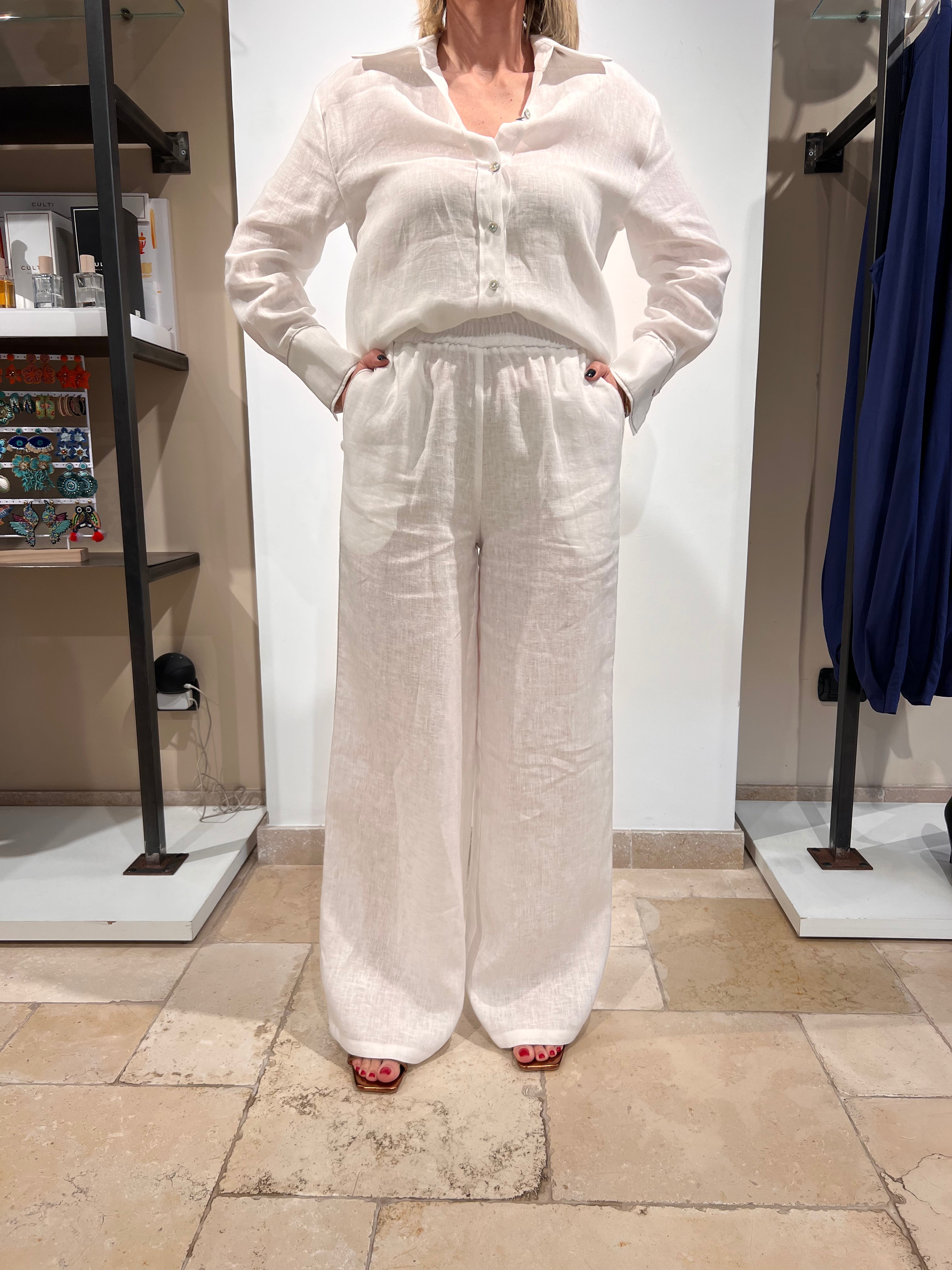 PANTALONE IN PURO LINO CON ELASTICO IN VITA E BANDA LATERALE ARGENTO