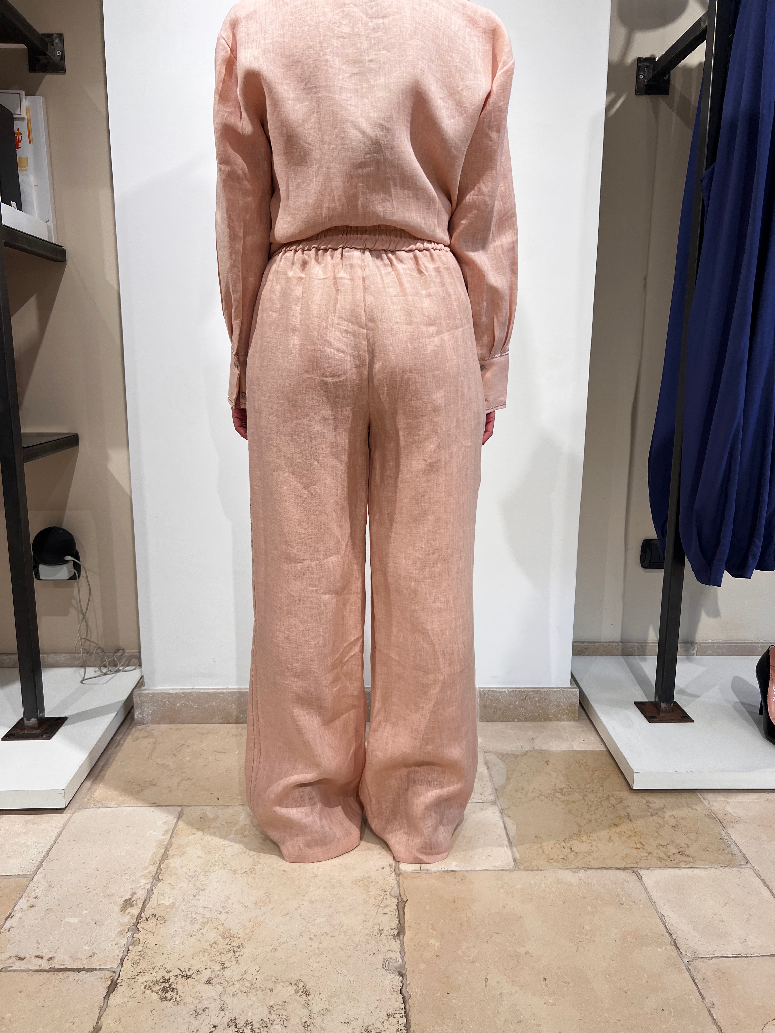 PANTALONE IN PURO LINO CON ELASTICO IN VITA E BANDA LATERALE ARGENTO