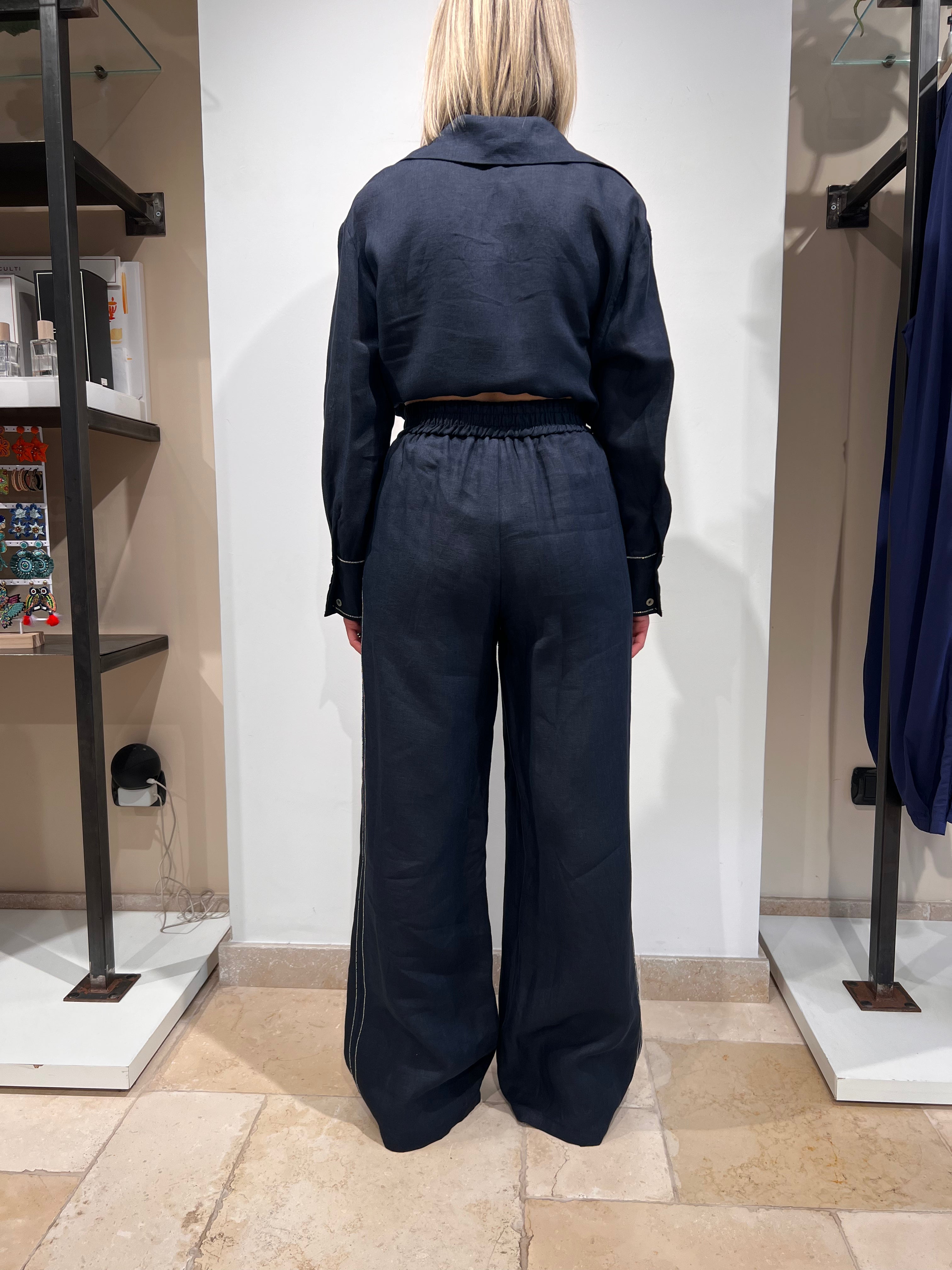 PANTALONE IN PURO LINO CON ELASTICO IN VITA E BANDA LATERALE ARGENTO
