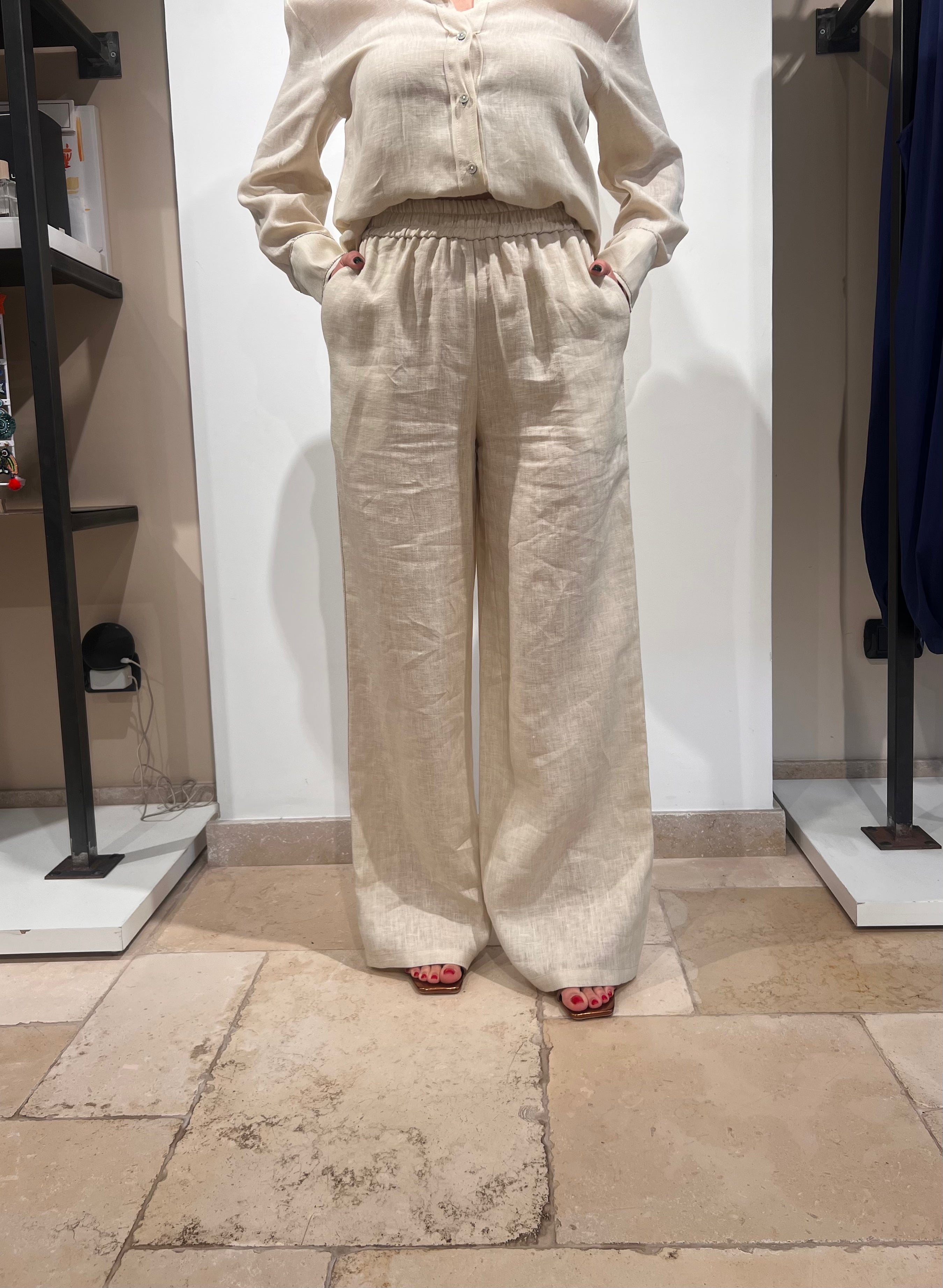 PANTALONE IN PURO LINO CON ELASTICO IN VITA E BANDA LATERALE ARGENTO
