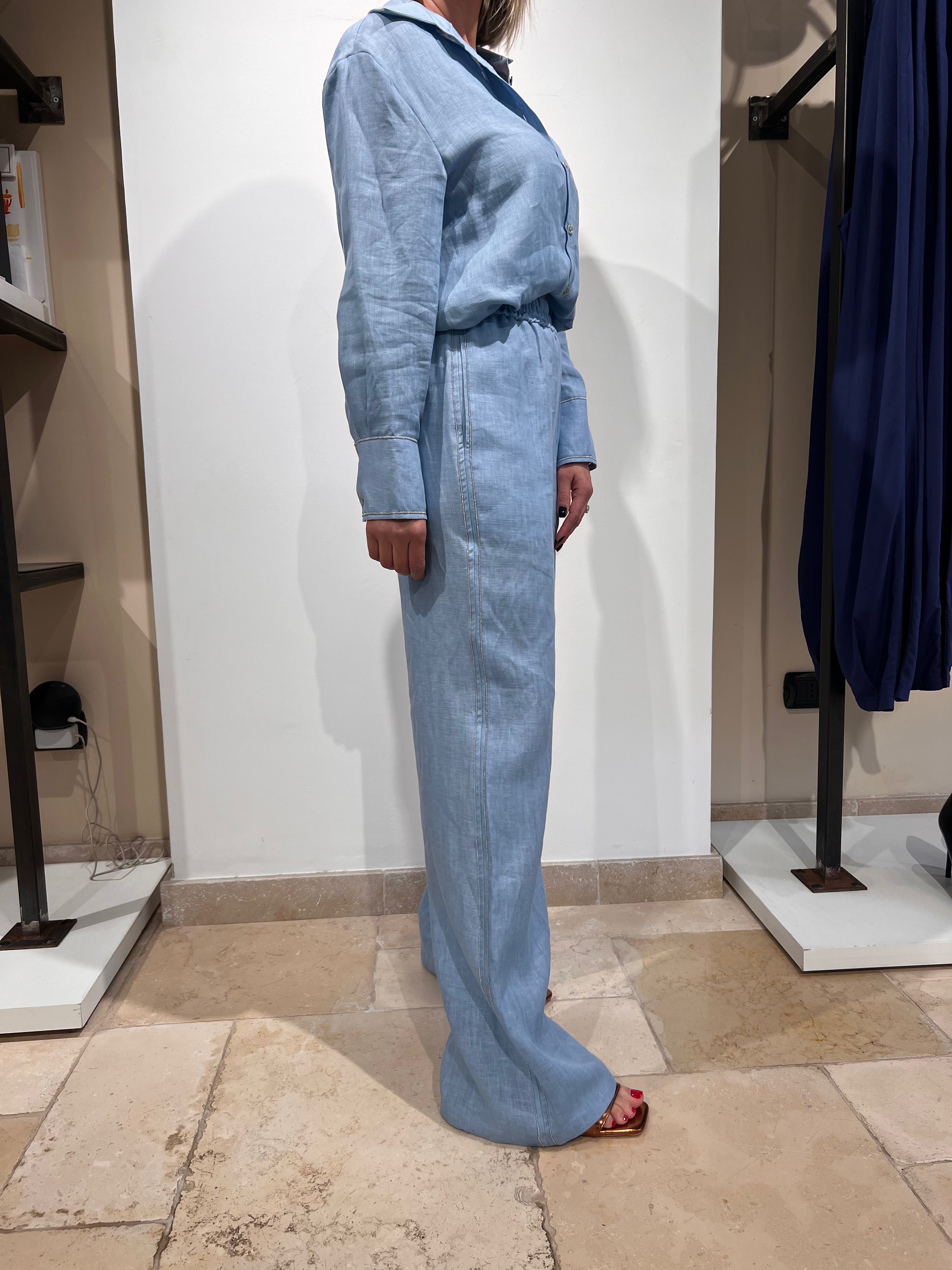 PANTALONE IN PURO LINO CON ELASTICO IN VITA E BANDA LATERALE ARGENTO