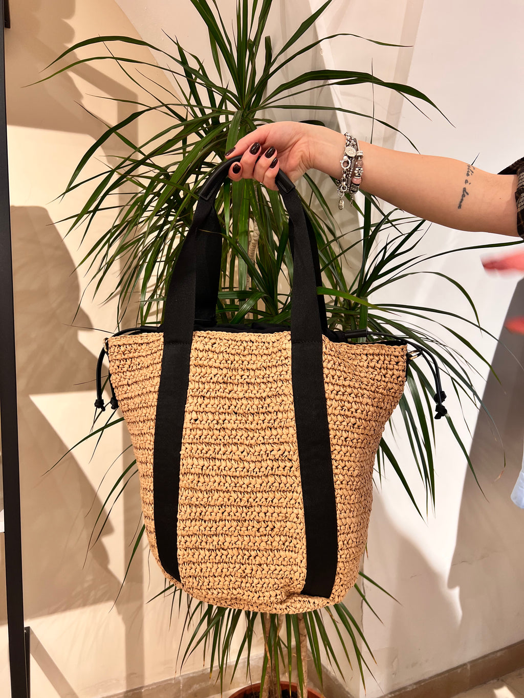 BORSA A SECCHIELLO IN RAFIA E PELLE – ERMANNO CERVINO FIRENZE