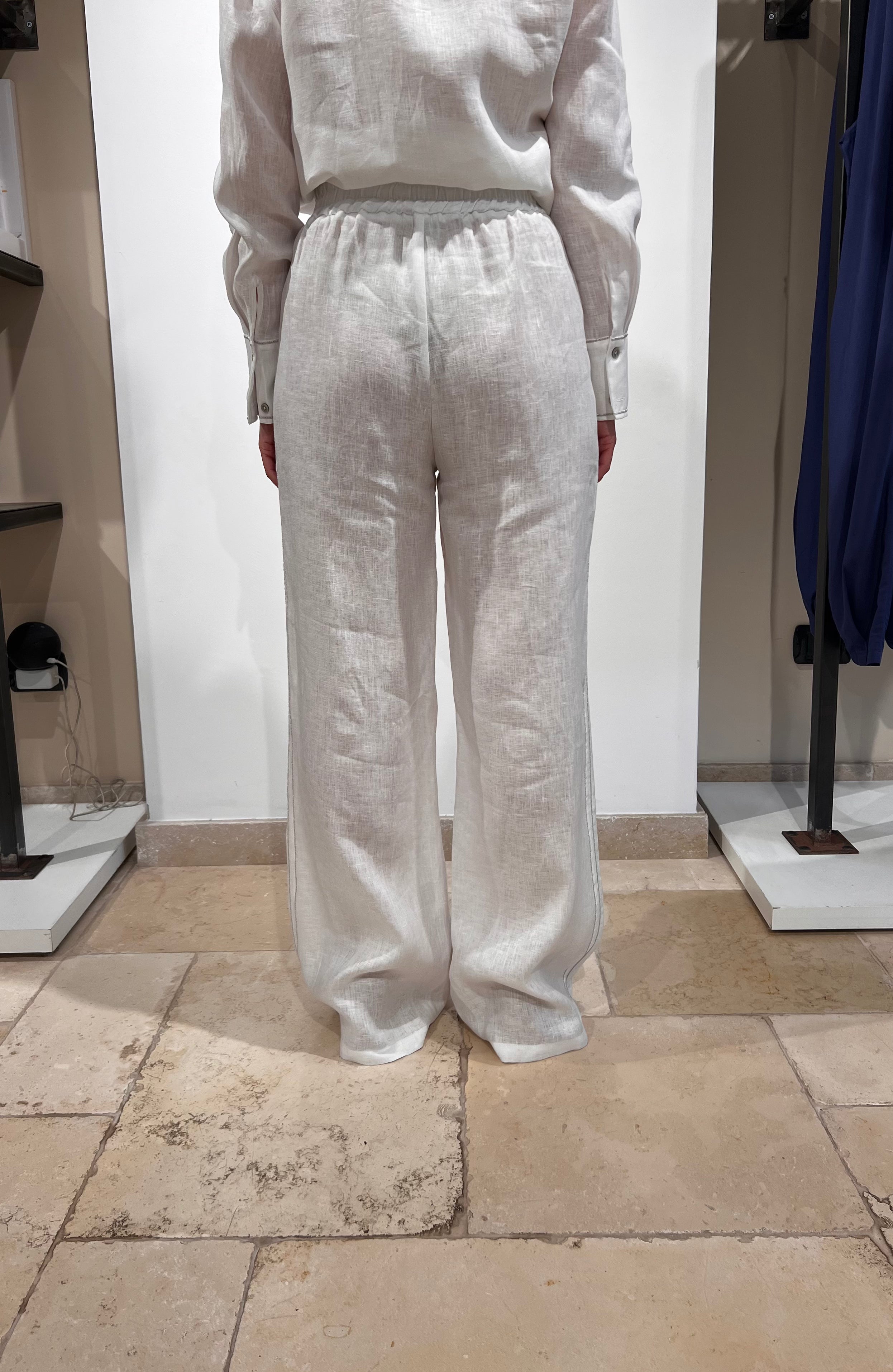 PANTALONE IN PURO LINO CON ELASTICO IN VITA E BANDA LATERALE ARGENTO