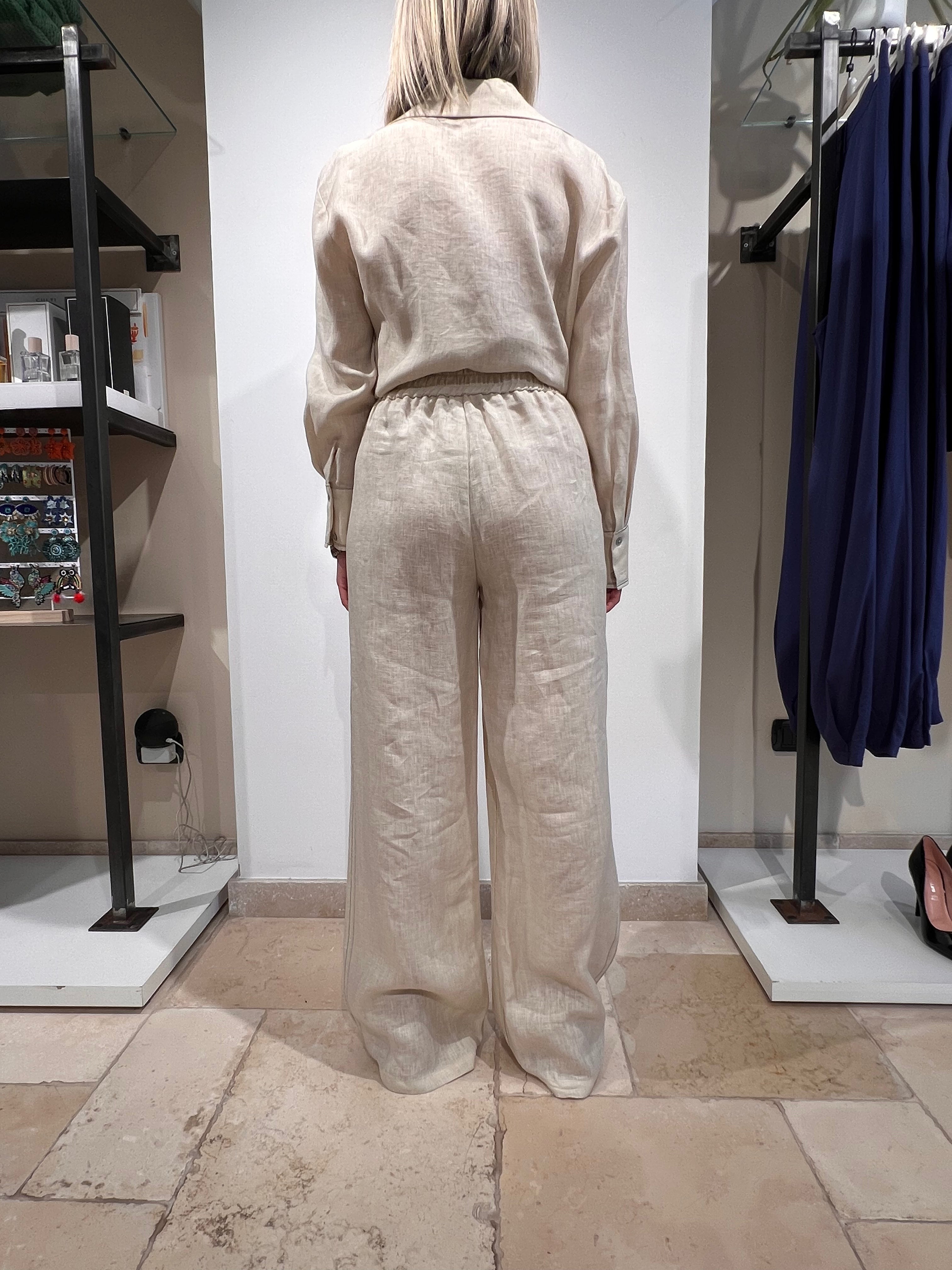 PANTALONE IN PURO LINO CON ELASTICO IN VITA E BANDA LATERALE ARGENTO
