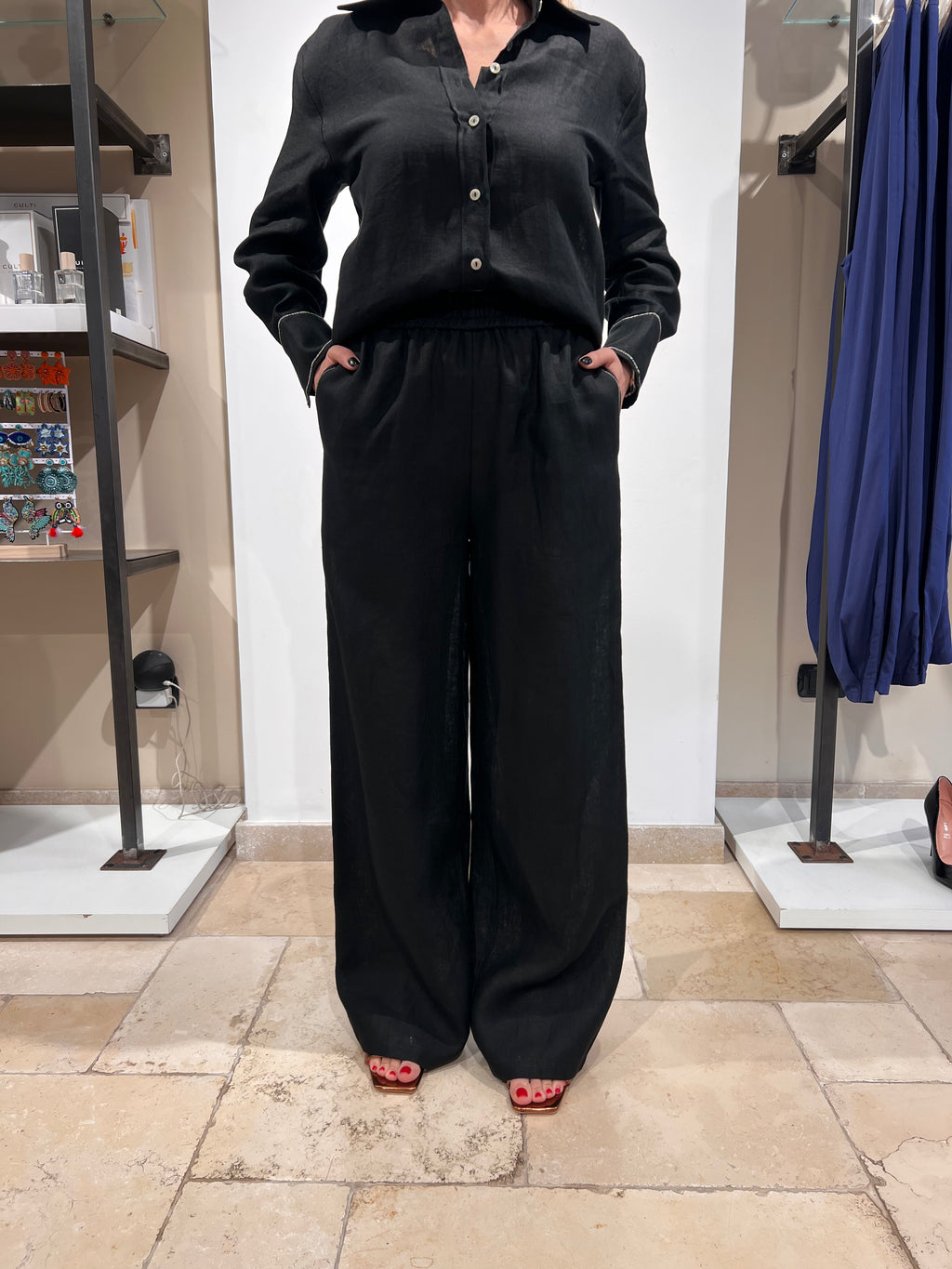 PANTALONE IN PURO LINO CON ELASTICO IN VITA E BANDA LATERALE ARGENTO