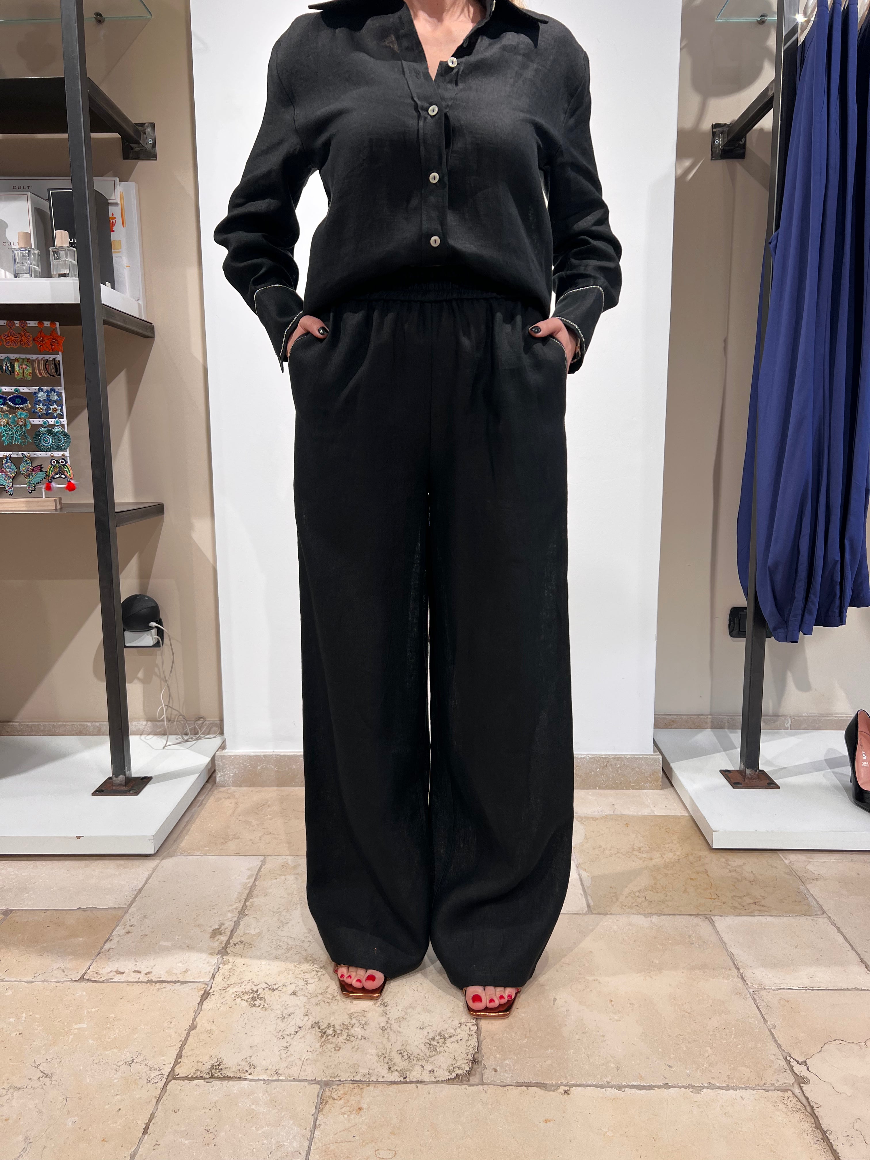 PANTALONE IN PURO LINO CON ELASTICO IN VITA E BANDA LATERALE ARGENTO