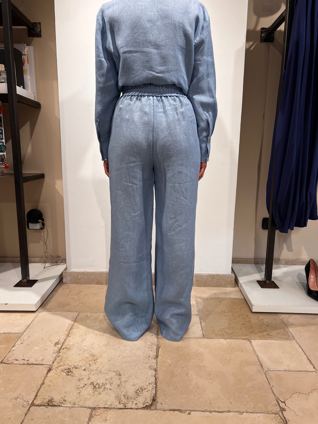 PANTALONE IN PURO LINO CON ELASTICO IN VITA E BANDA LATERALE ARGENTO