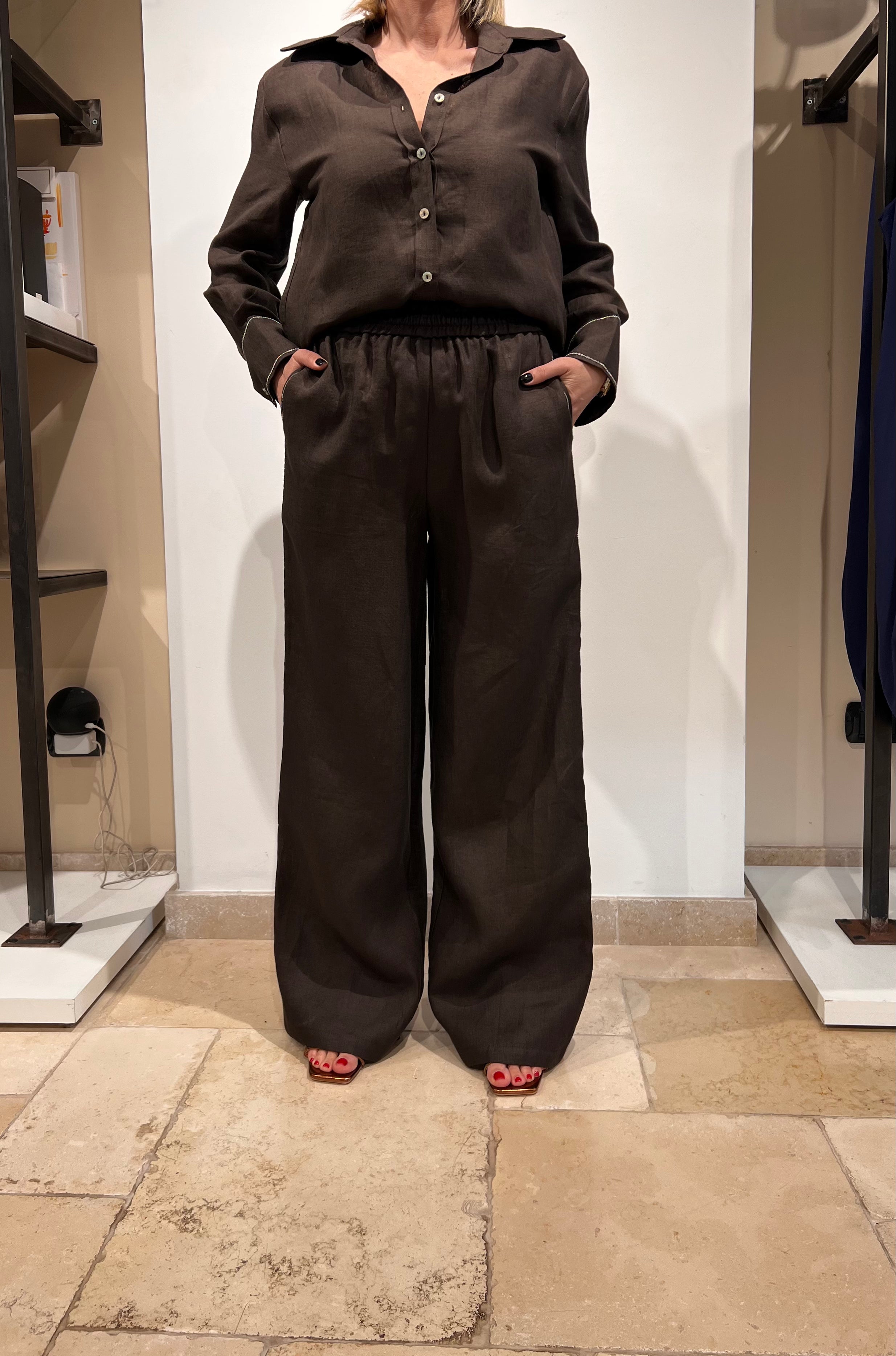 PANTALONE IN PURO LINO CON ELASTICO IN VITA E BANDA LATERALE ARGENTO