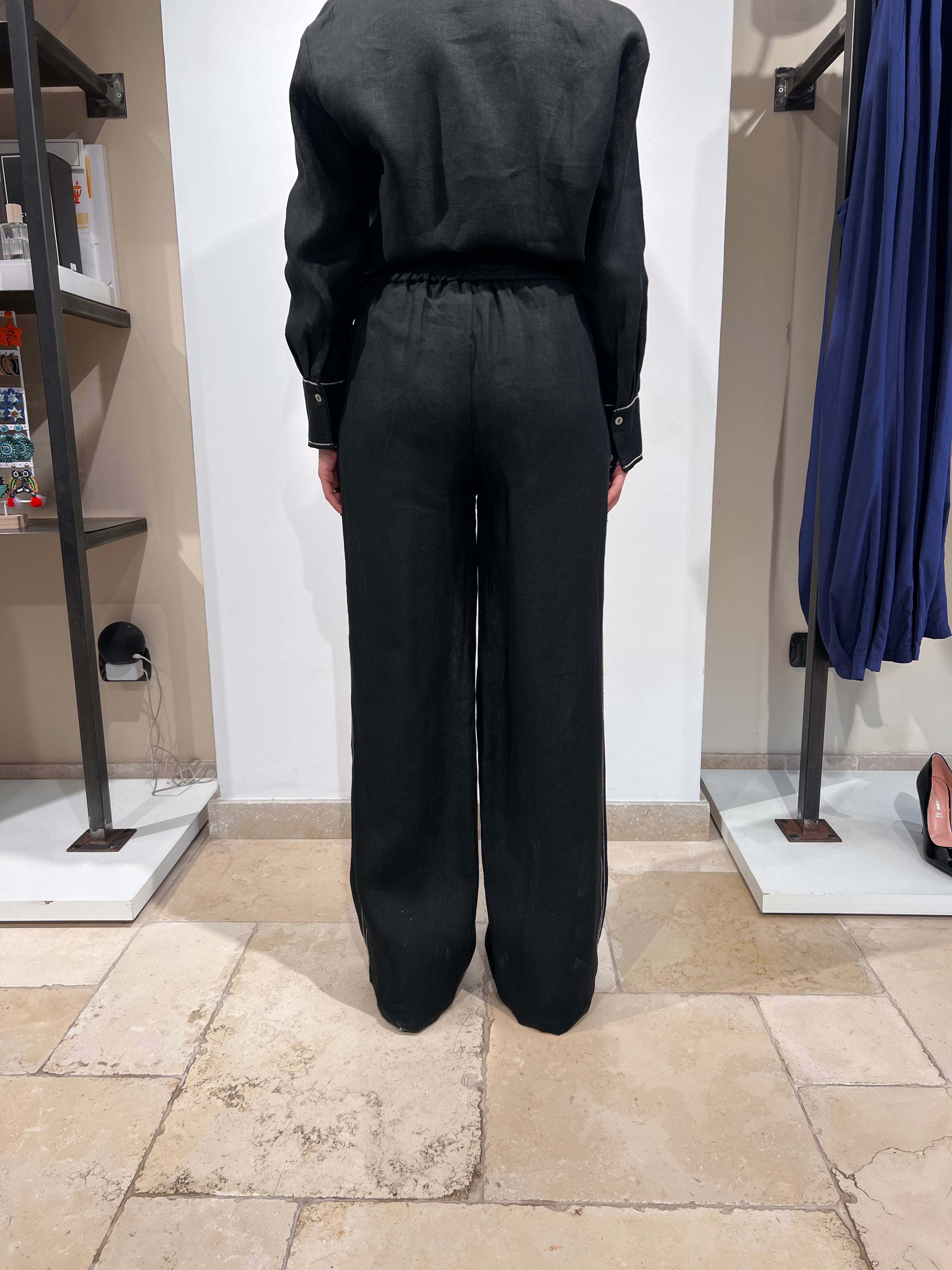 PANTALONE IN PURO LINO CON ELASTICO IN VITA E BANDA LATERALE ARGENTO