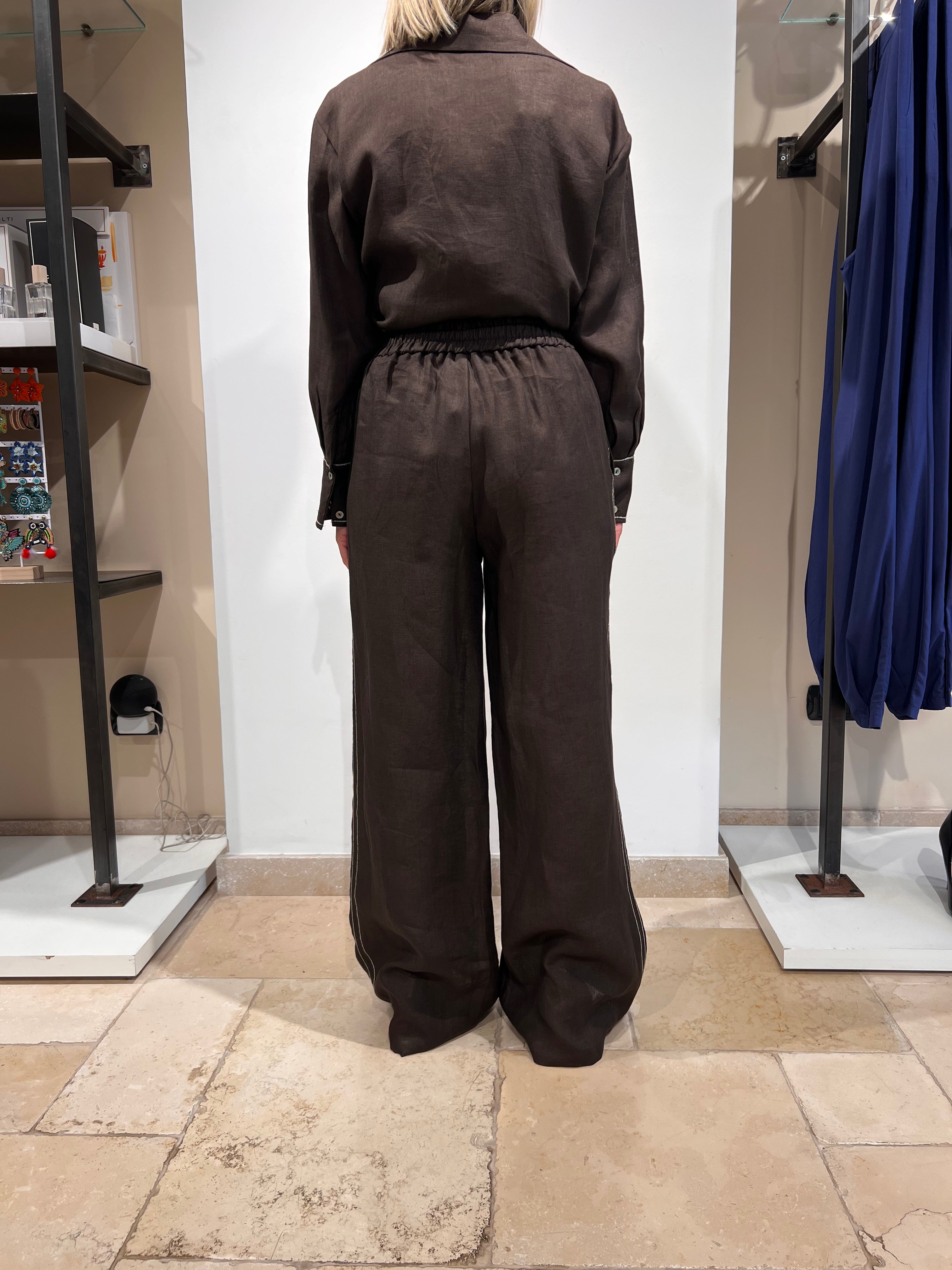 PANTALONE IN PURO LINO CON ELASTICO IN VITA E BANDA LATERALE ARGENTO