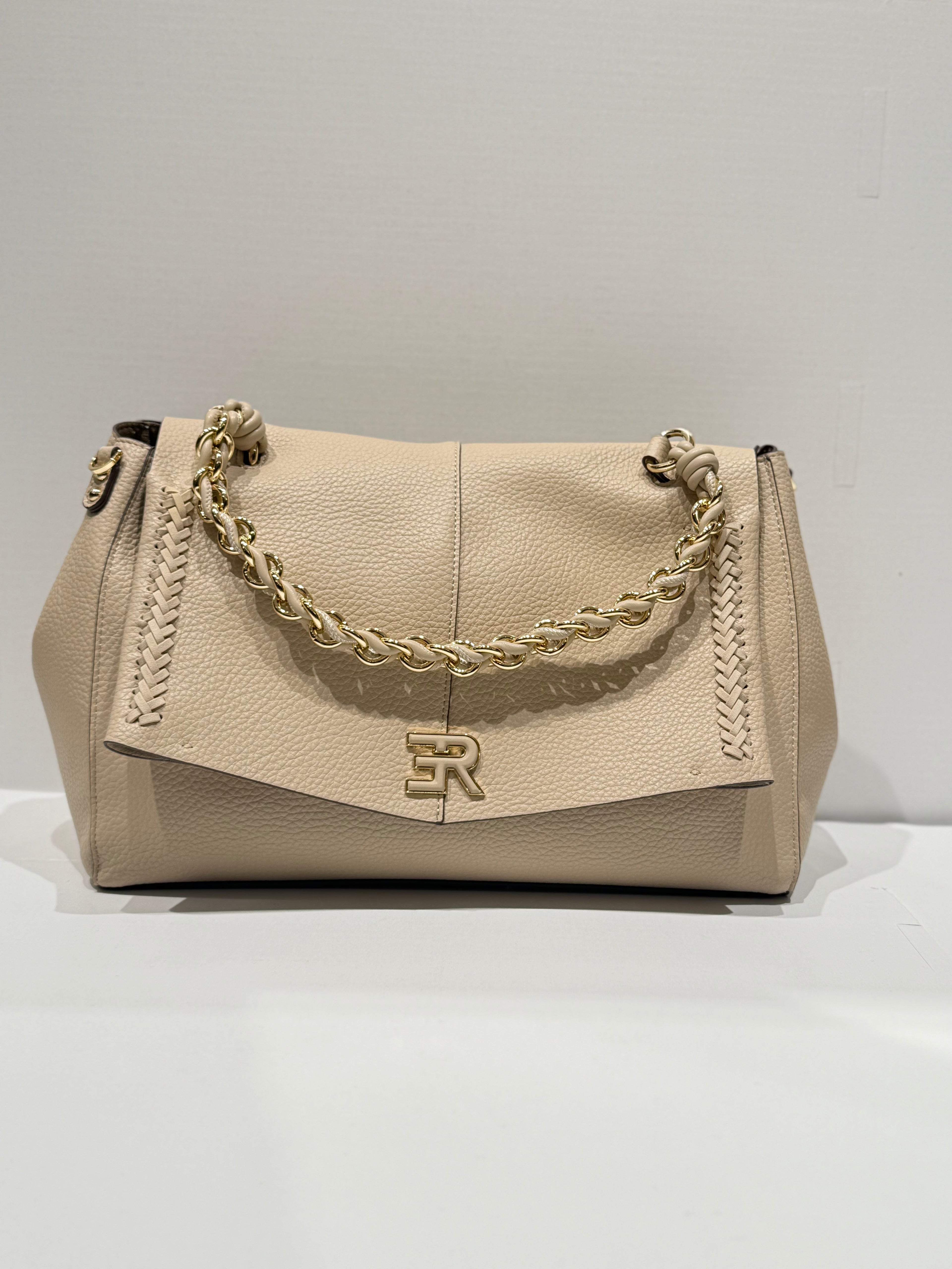 BORSA ERMANNO SCERVINO IN ECO PELLE MARTELLATA BEIGE LARGE CON INTRECCI E DETTAGLI ORO