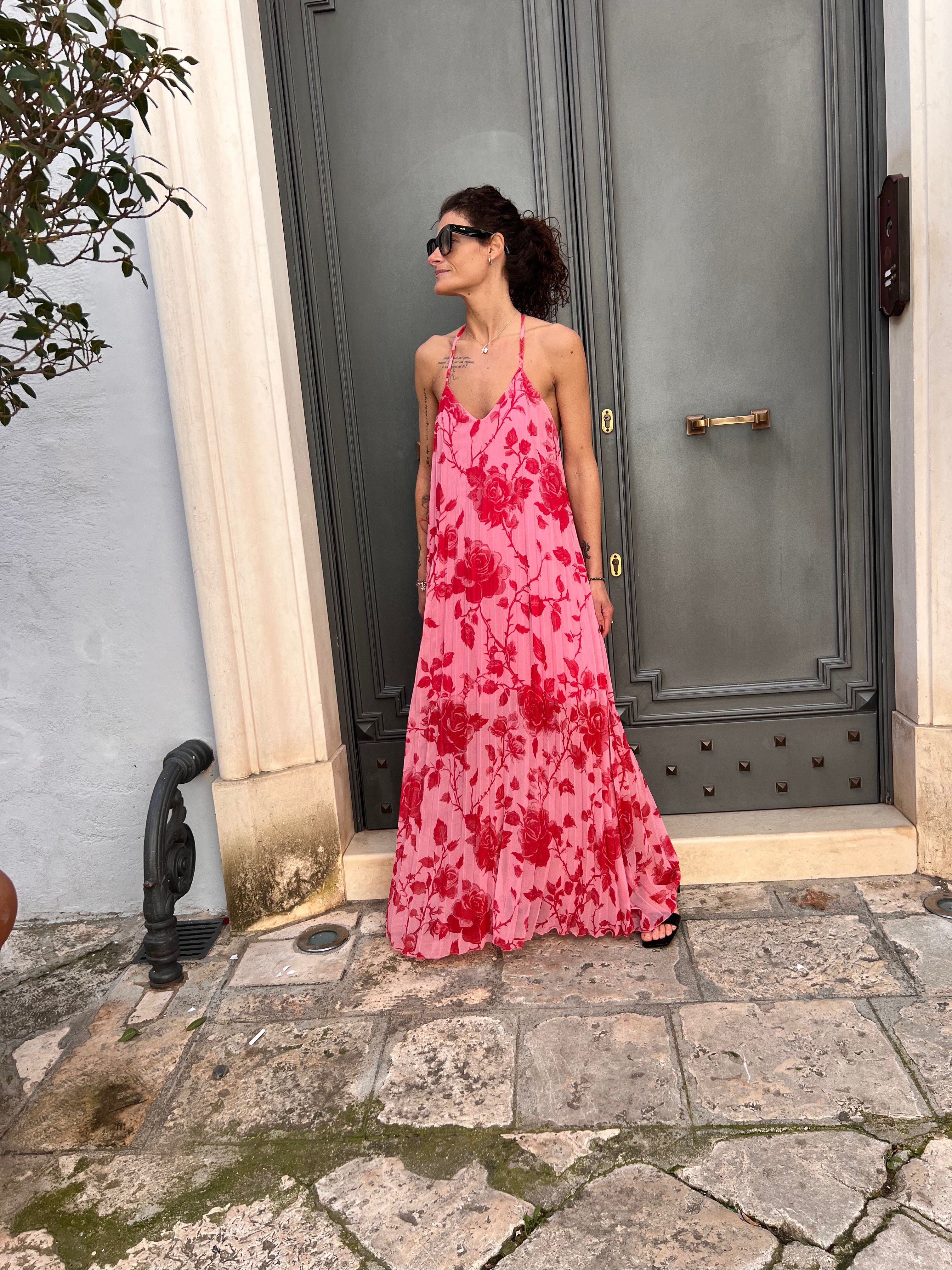ABITO LUNGO FANTASIA FIORI CON BRETTELLE PLISSÉ – FRACOMINA