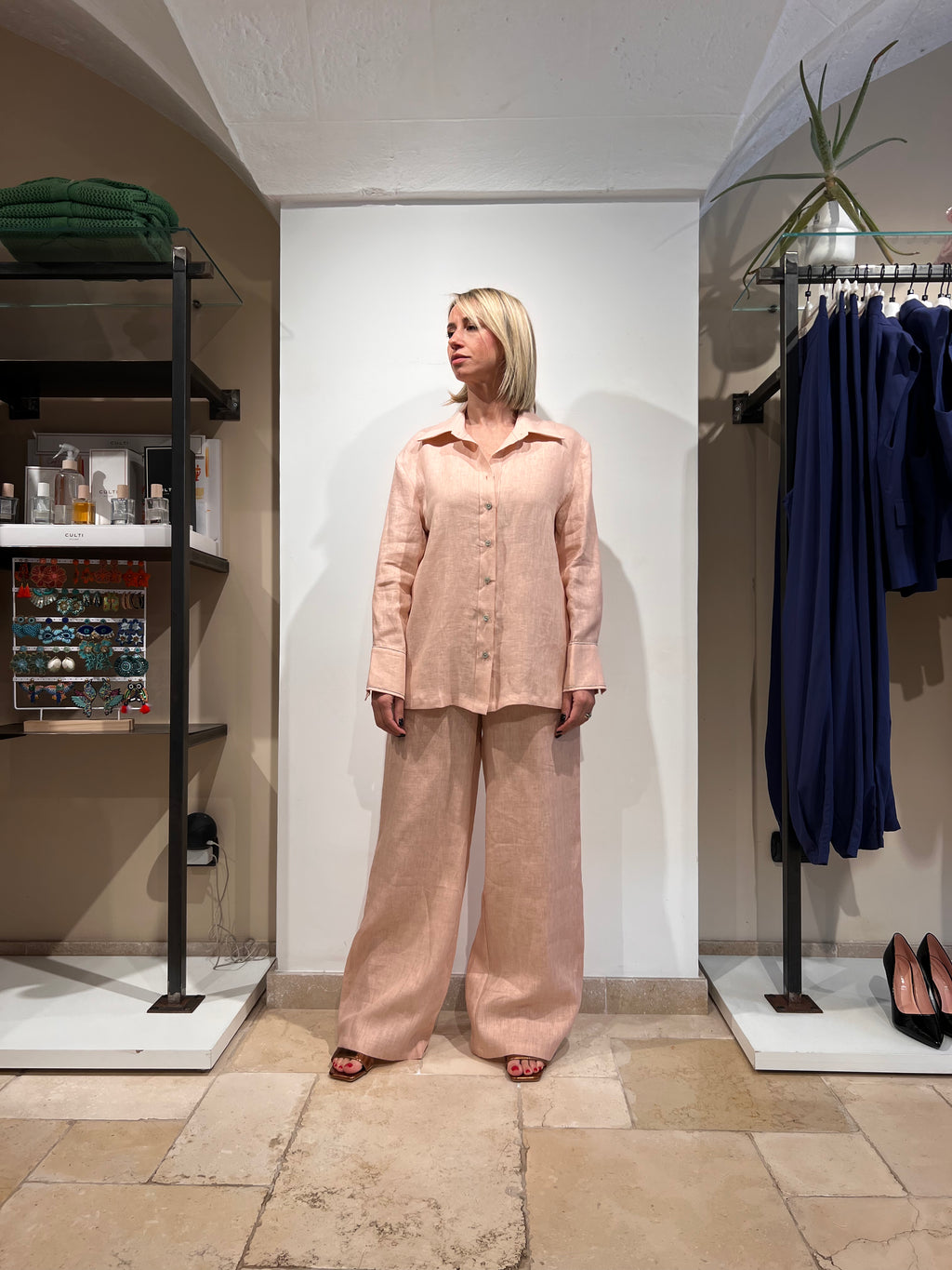 PANTALONE IN PURO LINO CON ELASTICO IN VITA E BANDA LATERALE ARGENTO