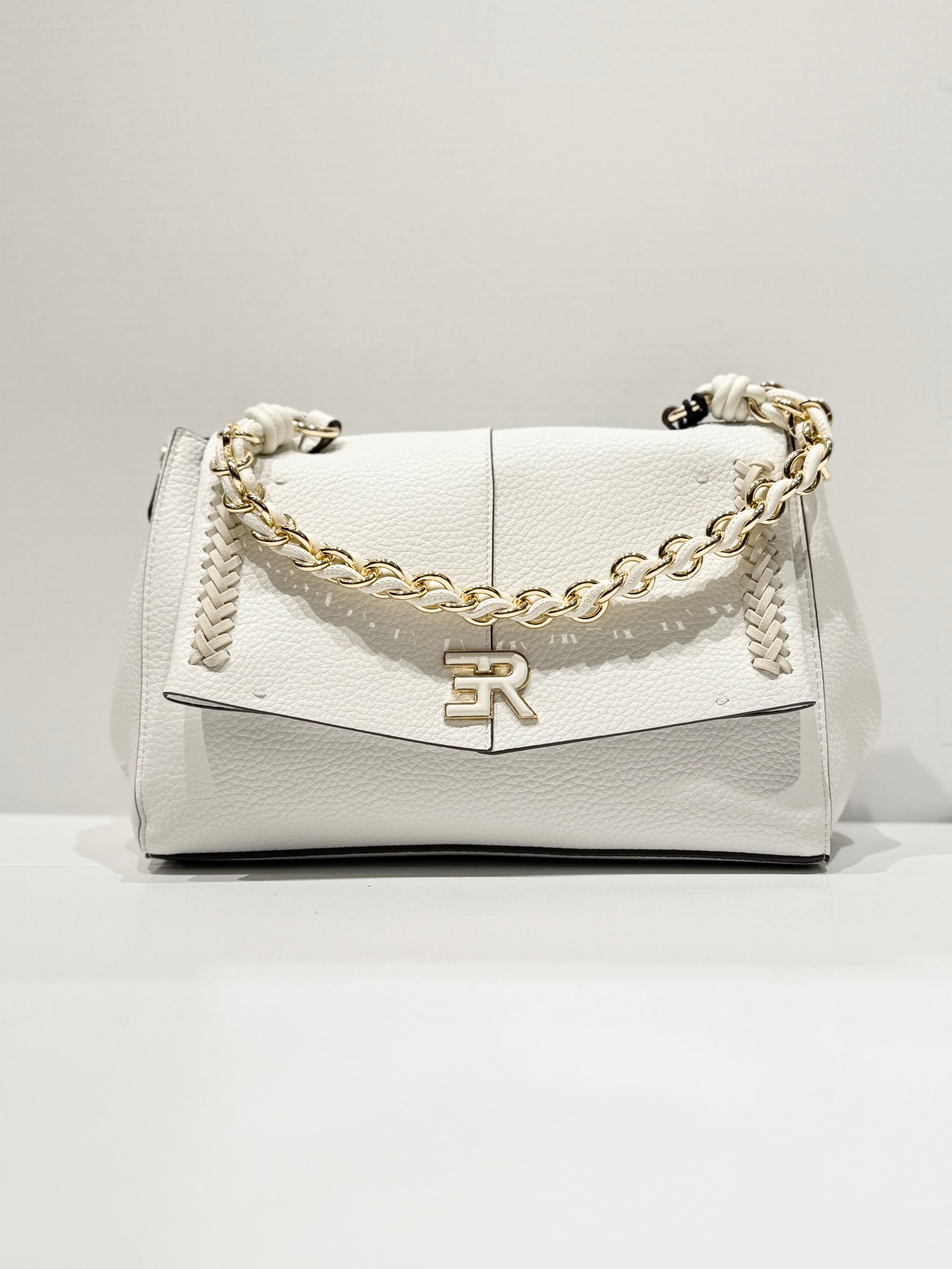 BORSA ERMANNO SCERVINO IN ECO PELLE MARTELLATA BIANCA FLAP CON INTRECCI E DETTAGLI ORO