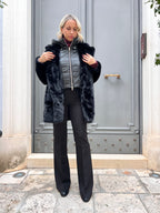 ECO - PELLICCIA LUNGA CON PETTORINA E CAPPUCCIO IN PIUMINO NERO