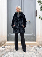 ECO - PELLICCIA LUNGA CON PETTORINA E CAPPUCCIO IN PIUMINO NERO