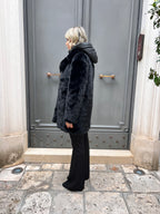 ECO - PELLICCIA LUNGA CON PETTORINA E CAPPUCCIO IN PIUMINO NERO