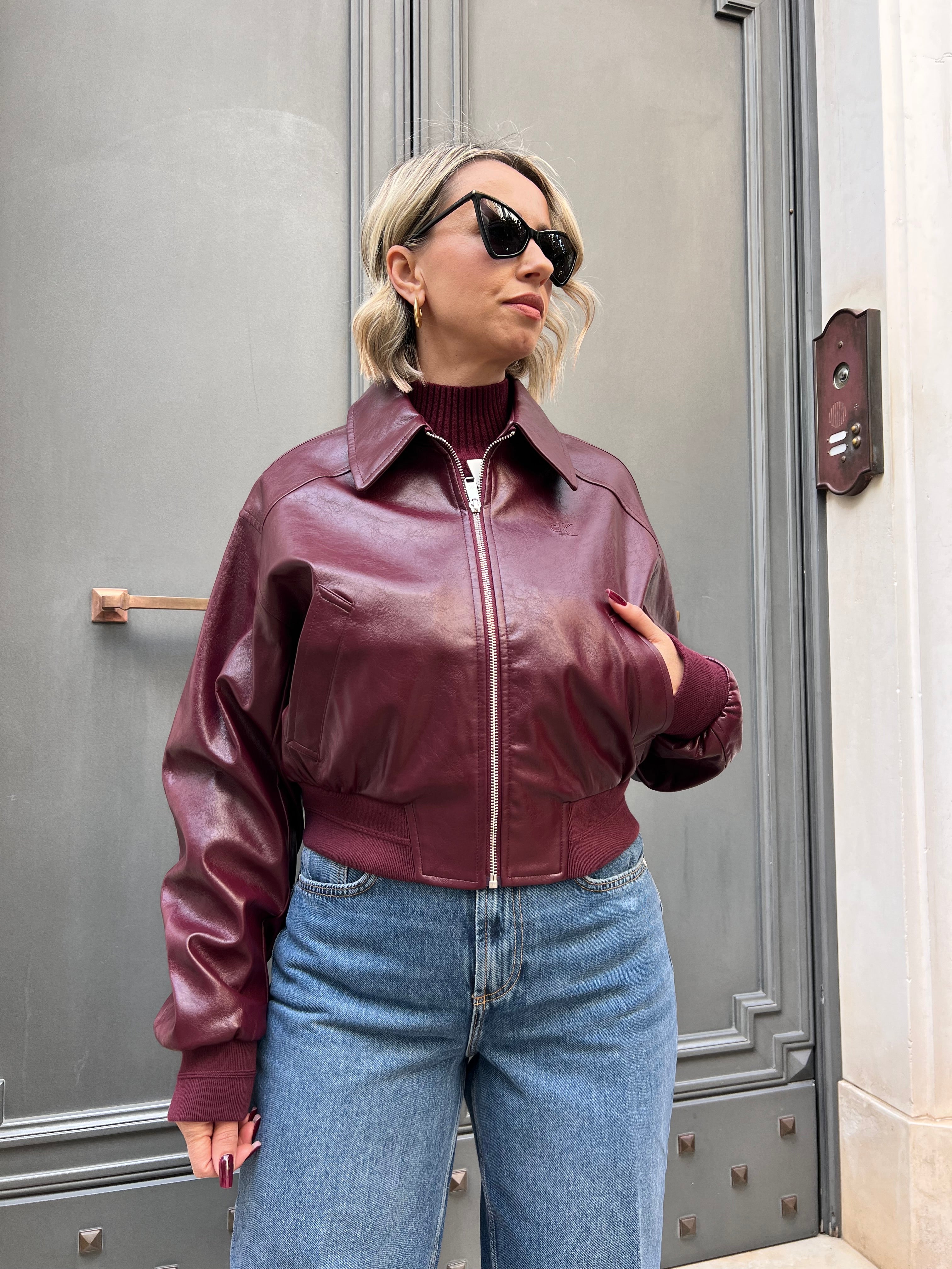 GIUBBOTTO BOMBER CORTO  CALVIN KLEIN IN ECOPELLE  DEEP ROUGE