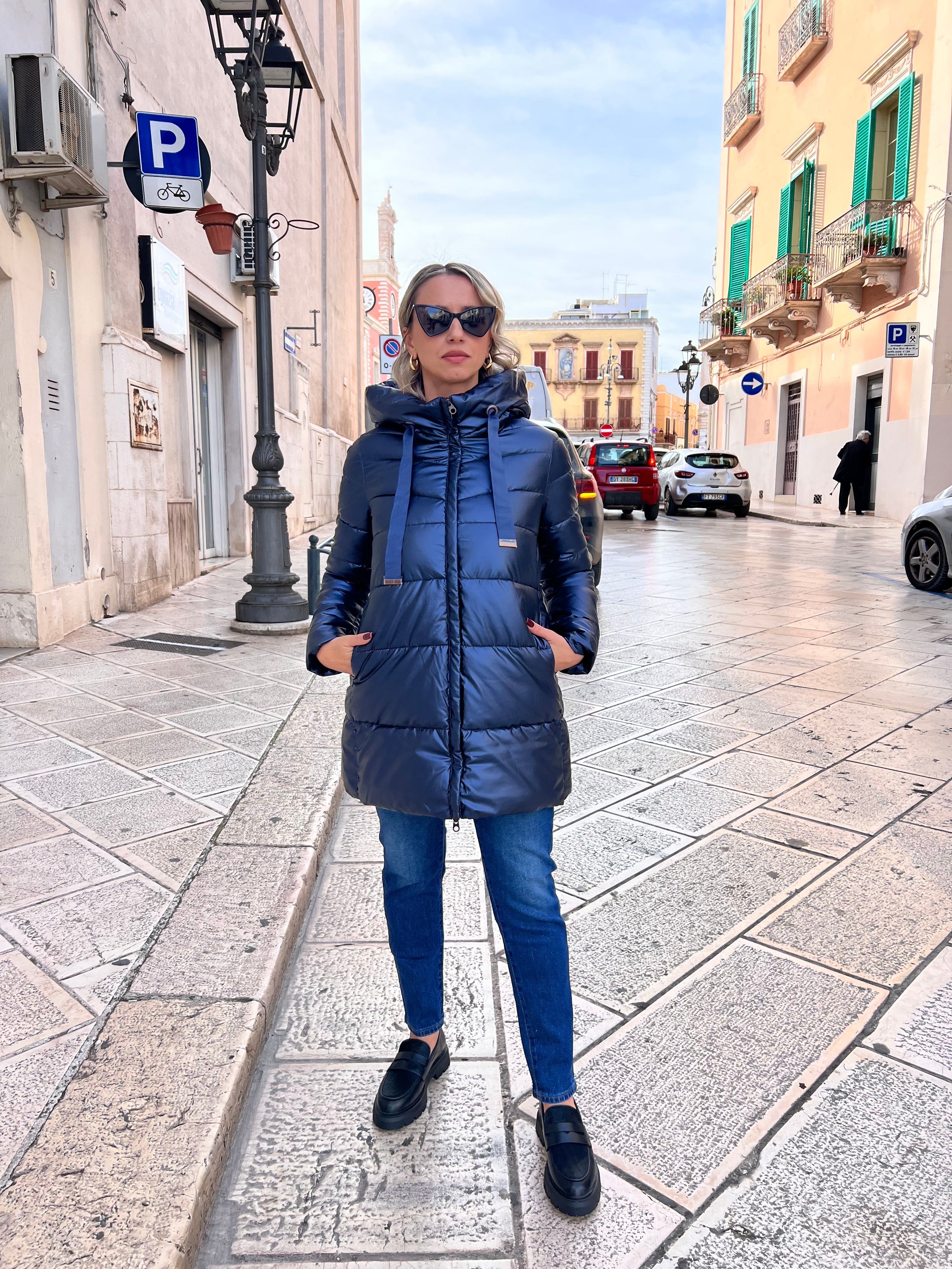 PIUMINO DONNA PLAZA LUNGO – CON CAPPUCCIO, SUPER CALDO E LEGGERO BLU