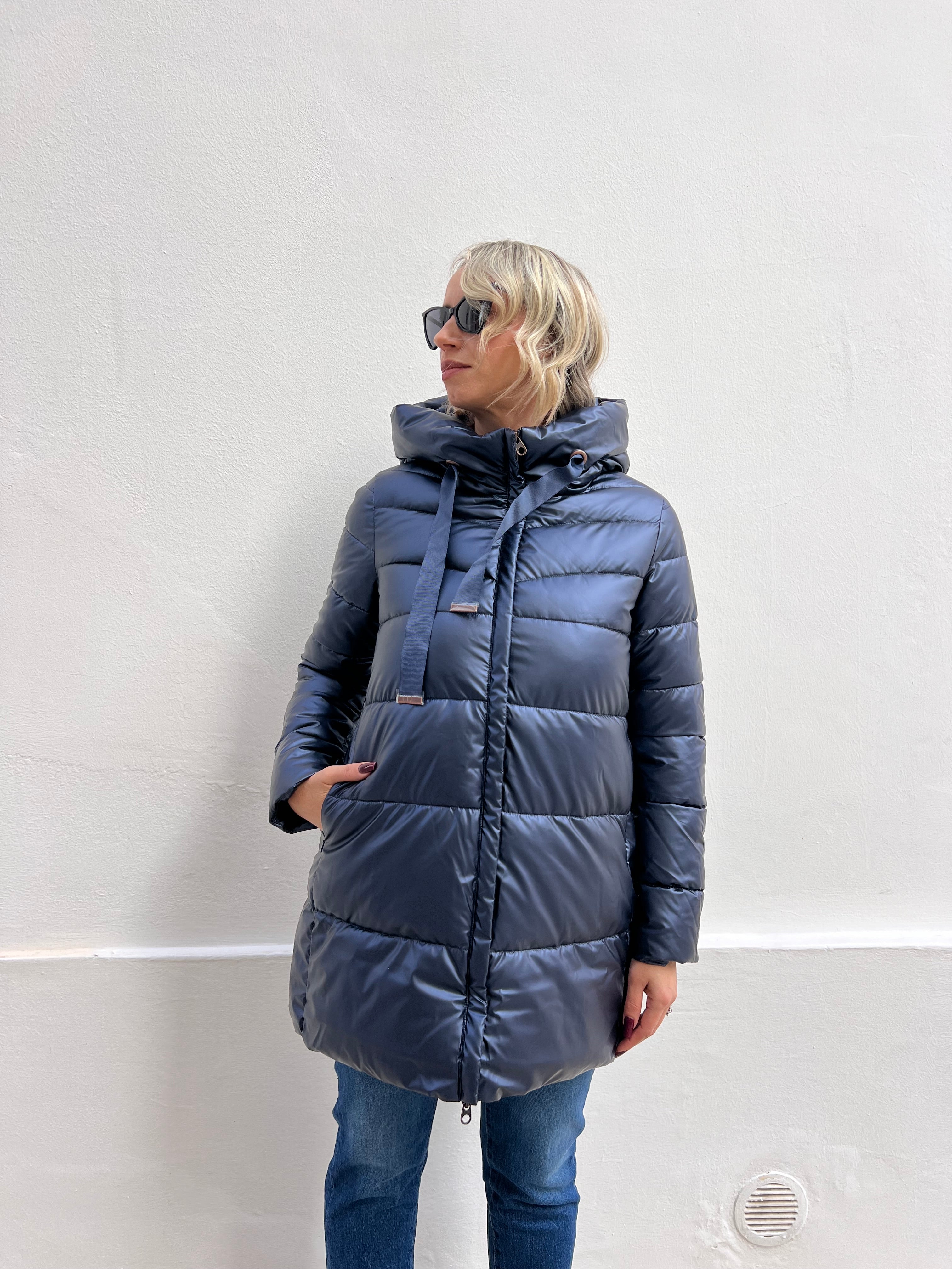 PIUMINO DONNA PLAZA LUNGO – CON CAPPUCCIO, SUPER CALDO E LEGGERO BLU