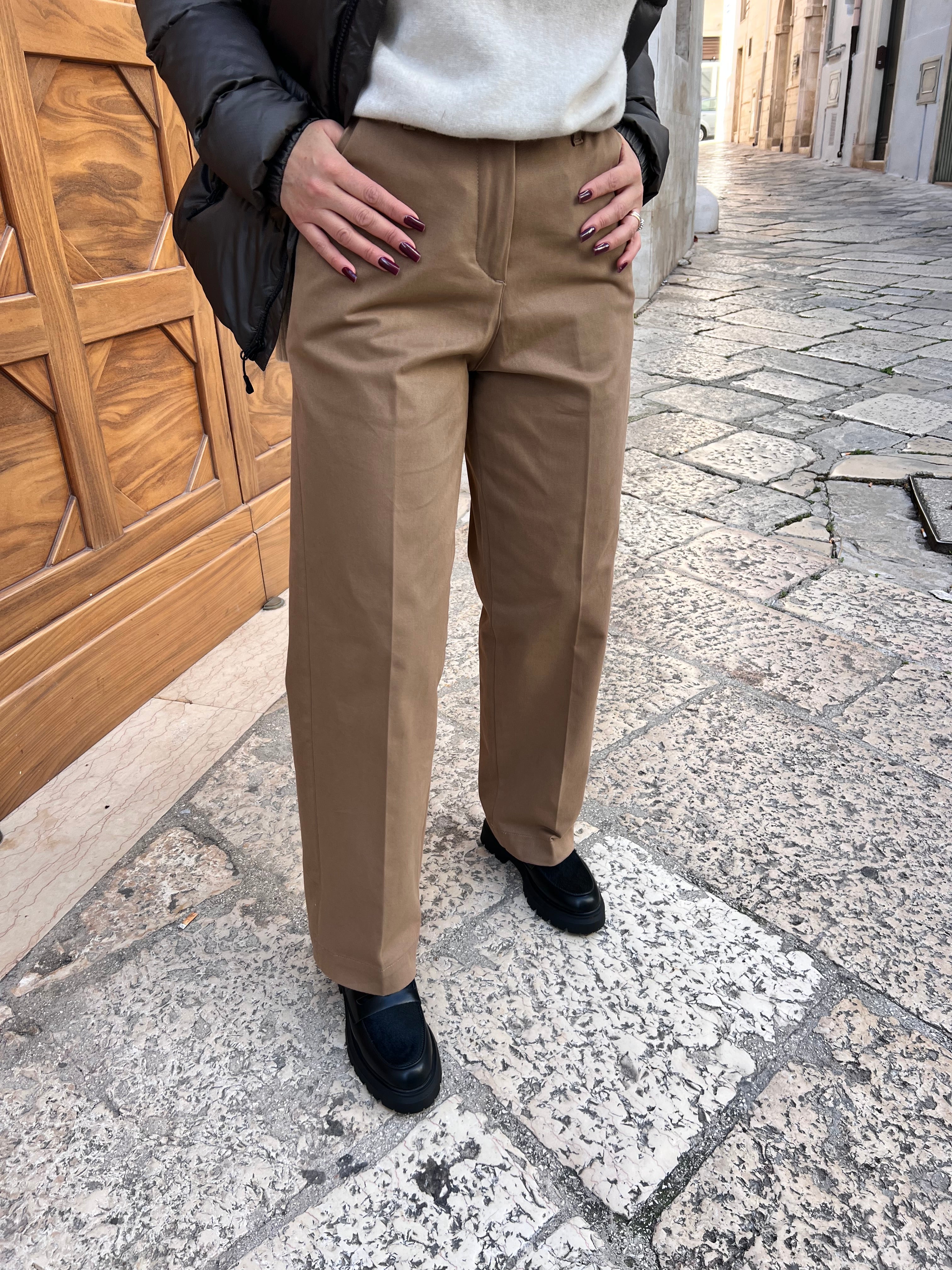 PANTALONE DONNA VITA ALTA GAMBA DRITTA TESSUTO MORBIDO ELEGANTE E VERSATILE BEIGE