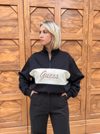 FELPA DONNA GUESS HALF ZIP CON LOGO RICAMATO NERO E PANNA