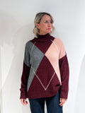 MAGLIA DONNA A ROMBI CON COLLO ALTO – MAGLIONE INVERNALE ELEGANTE BORDEAUX