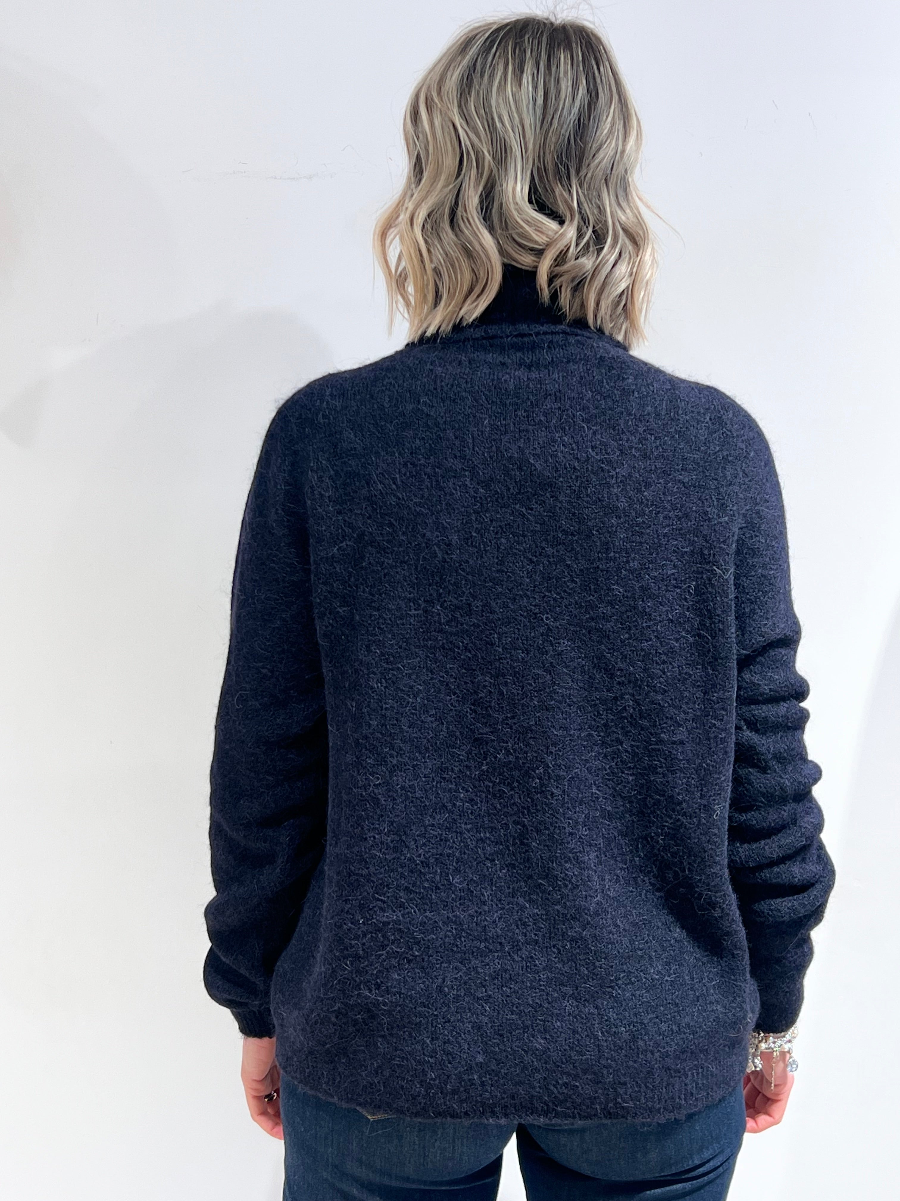 MAGLIA DONNA IN ALPACA CON COLLO ALTO – MAGLIONE INVERNALE MORBIDO BLU NAVY