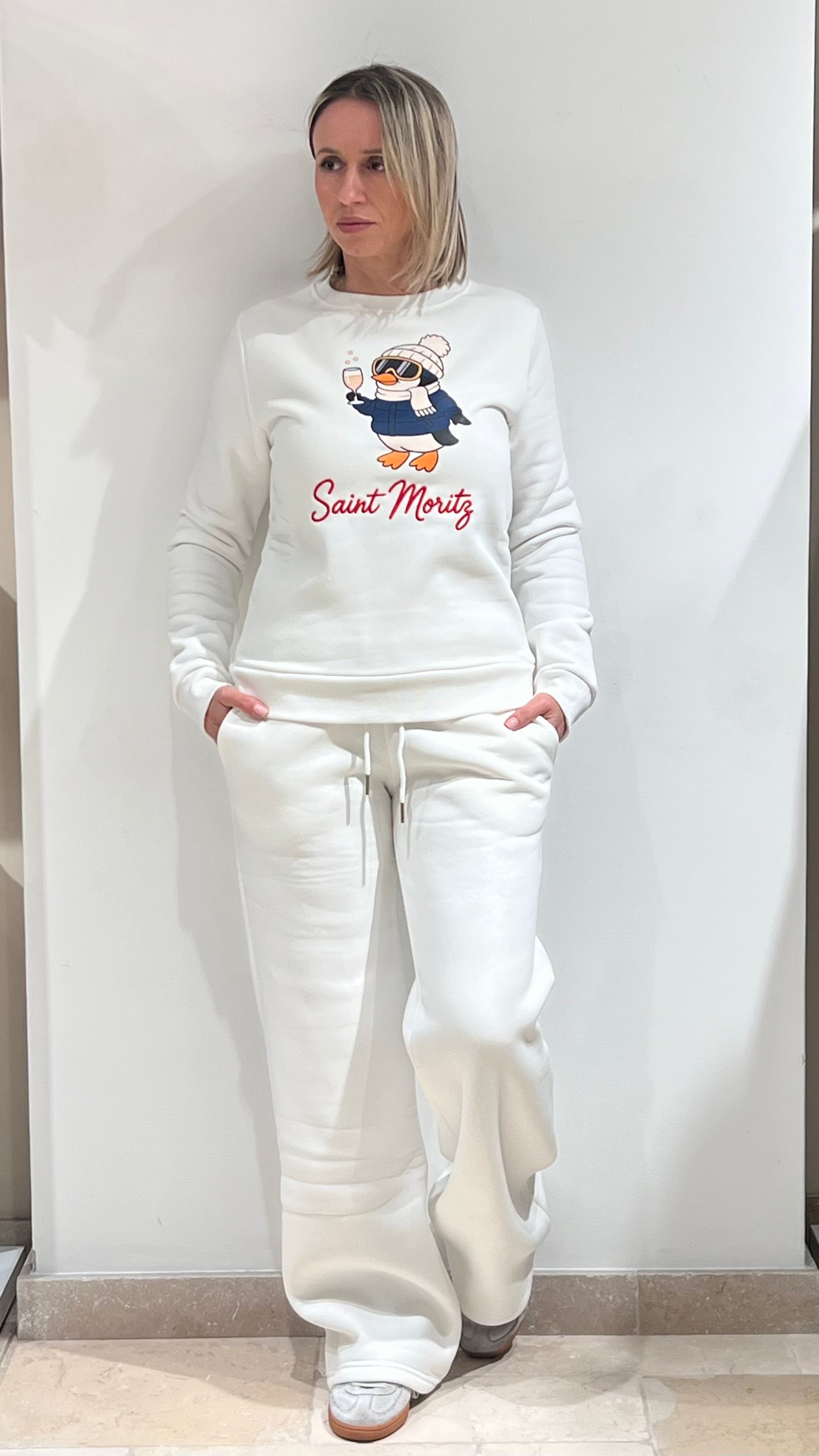 TUTA DONNA PLAZA FELPATA GIROCOLLO CON STAMPA E RICAMO COLORE BIANCO