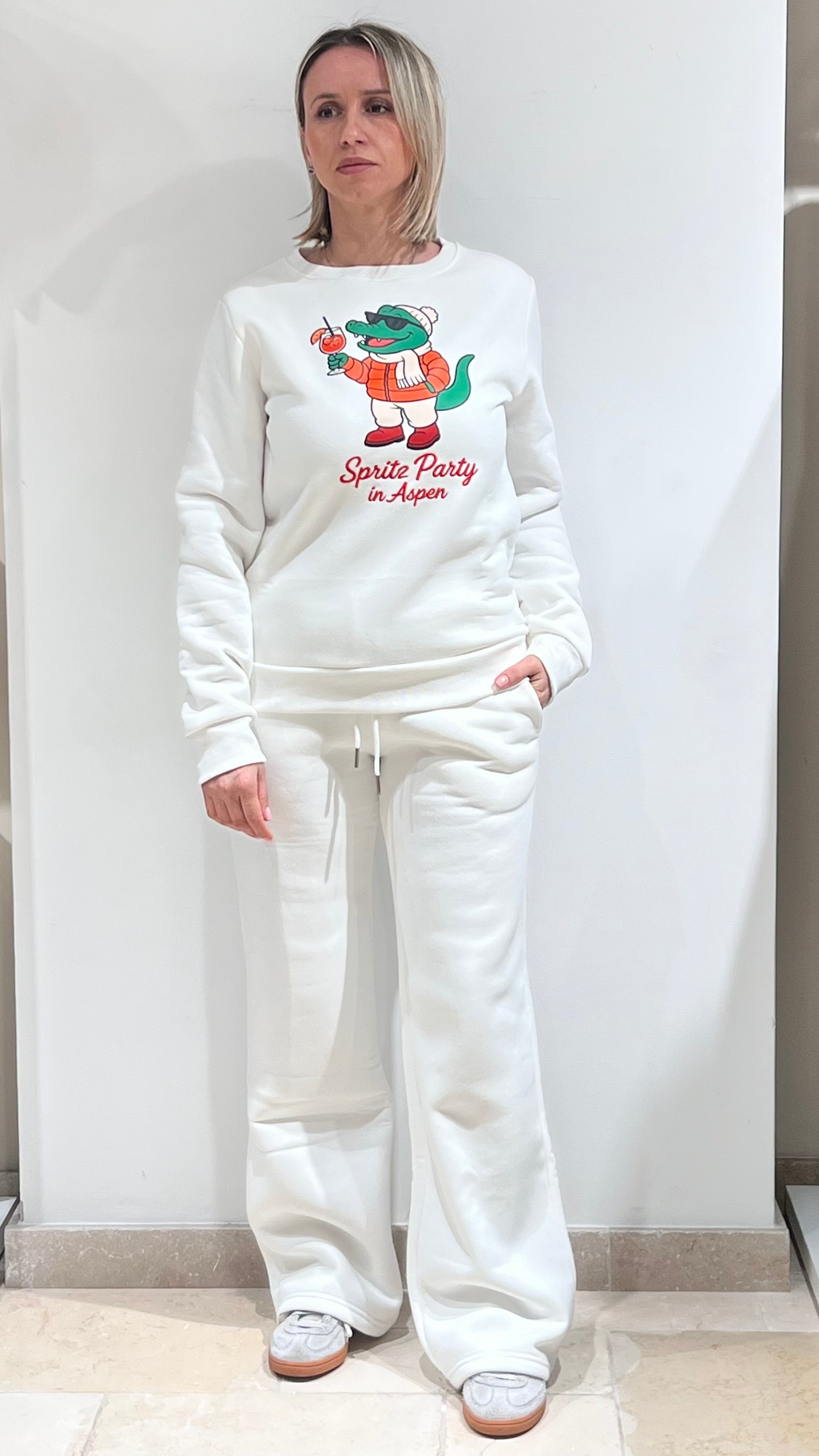 TUTA DONNA PLAZA FELPATA GIROCOLLO CON STAMPA E RICAMO COLORE BIANCO