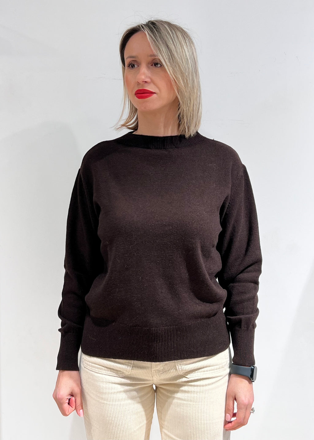 MAGLIA DONNA GIROCOLLO MISTO LANA MARRONE – MADE IN ITALY