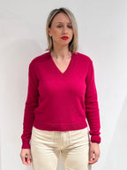 MAGLIA DONNA SCOLLO A V IN MISTO LANA, VISCOSA E CASHMERE  FUCSIA
