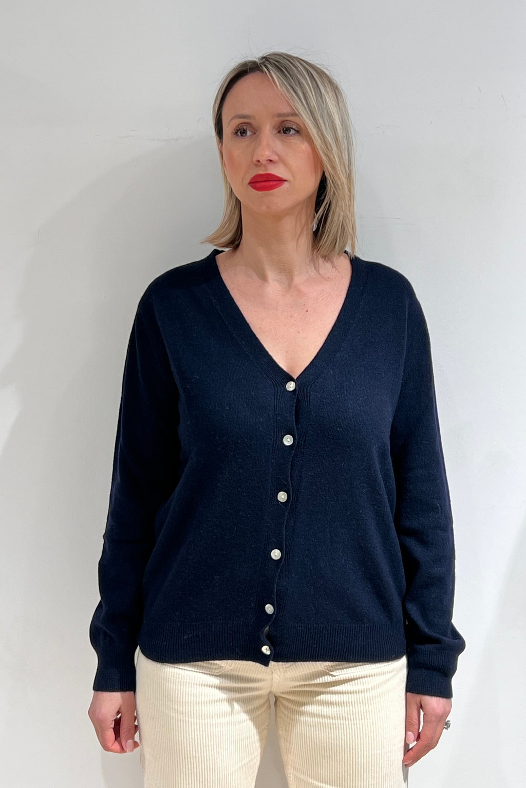 CARDIGAN DONNA SCOLLO A V IN MISTO LANA, VISCOSA E CASHMERE BLU