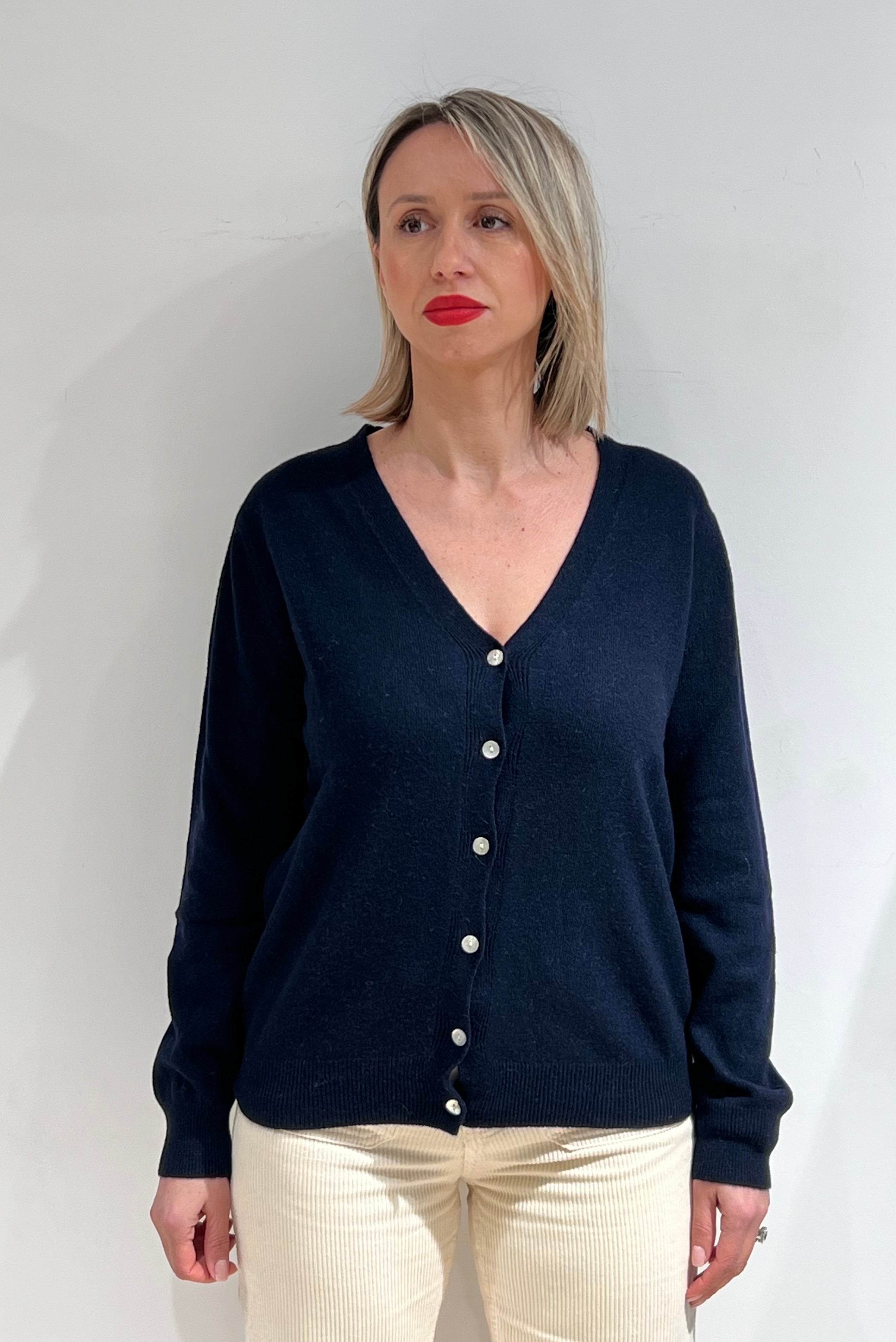 CARDIGAN DONNA SCOLLO A V IN MISTO LANA, VISCOSA E CASHMERE BLU
