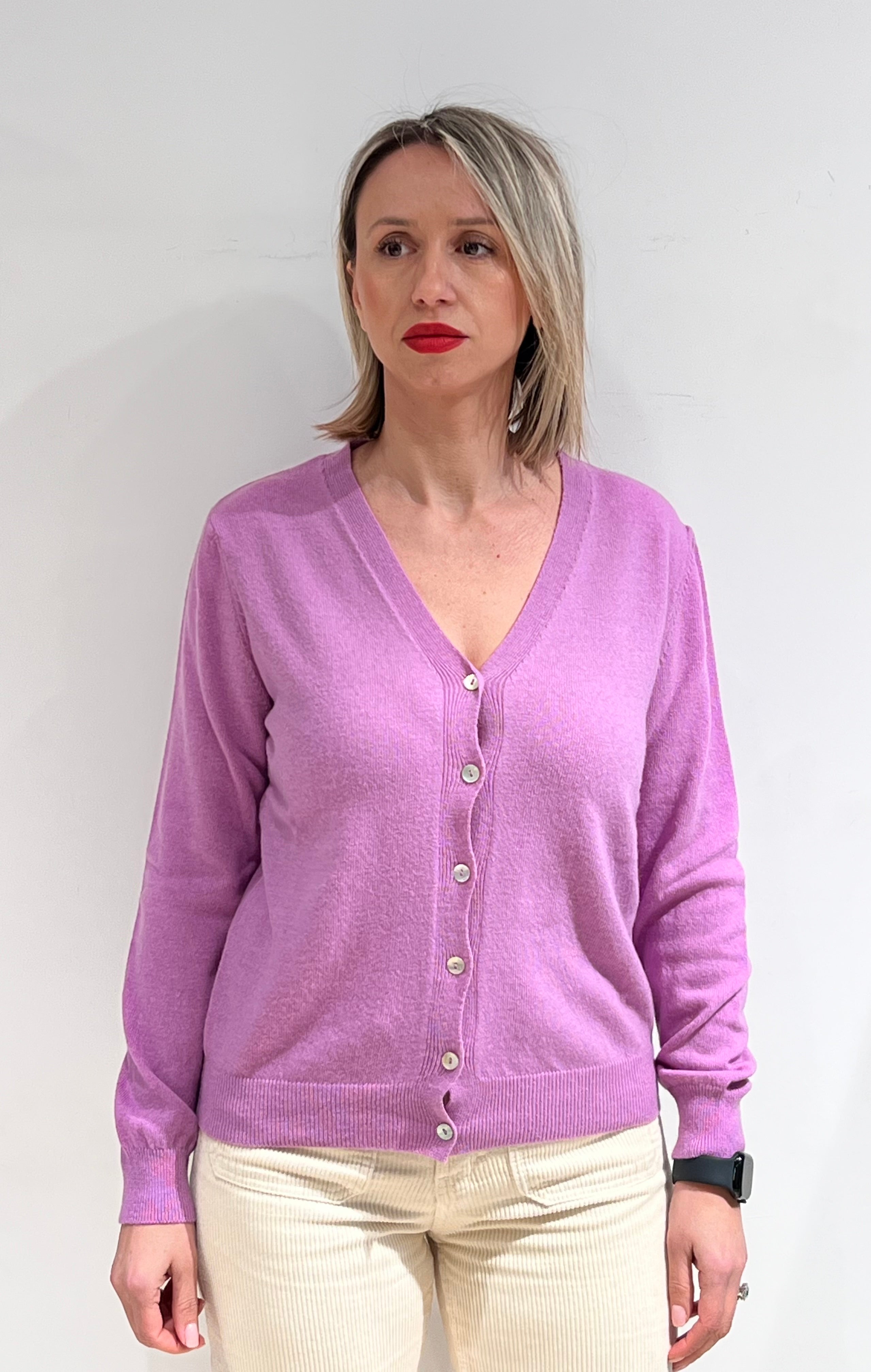CARDIGAN DONNA SCOLLO A V IN MISTO LANA, VISCOSA E CASHMERE LILLA