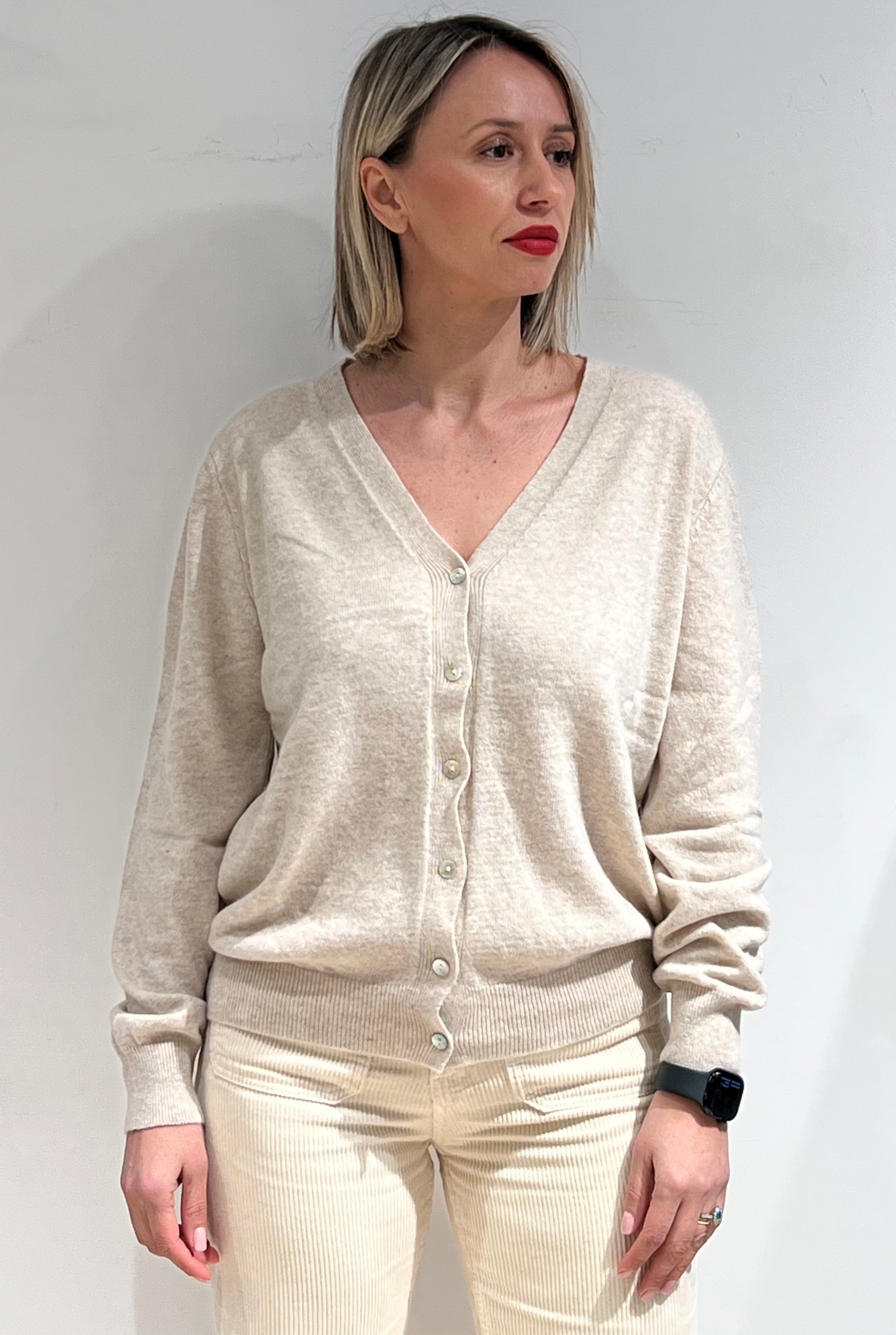 CARDIGAN DONNA SCOLLO A V IN MISTO LANA, VISCOSA E CASHMERE PANNA