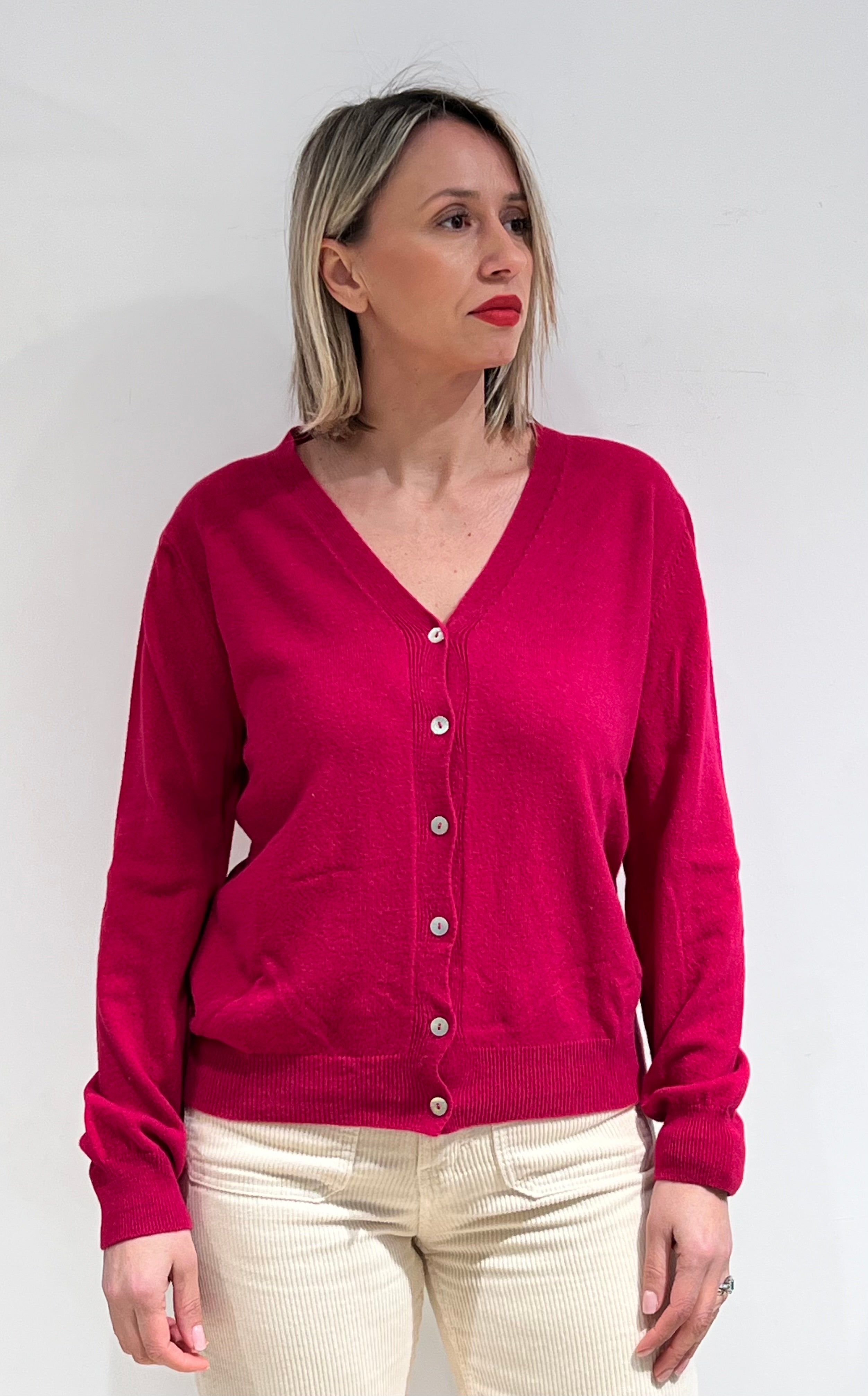 CARDIGAN DONNA SCOLLO A V IN MISTO LANA, VISCOSA E CASHMERE FUSCIA