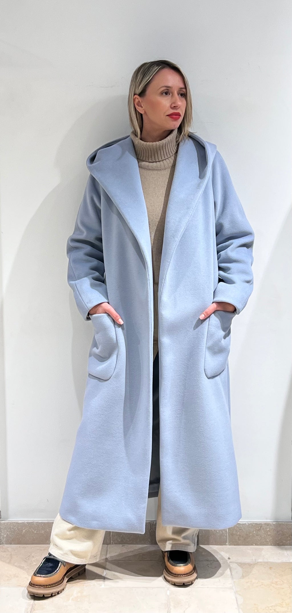 CAPPOTTO DONNA ACCAPPATOIO LUNGO CON CAPPUCCIO CELESTE