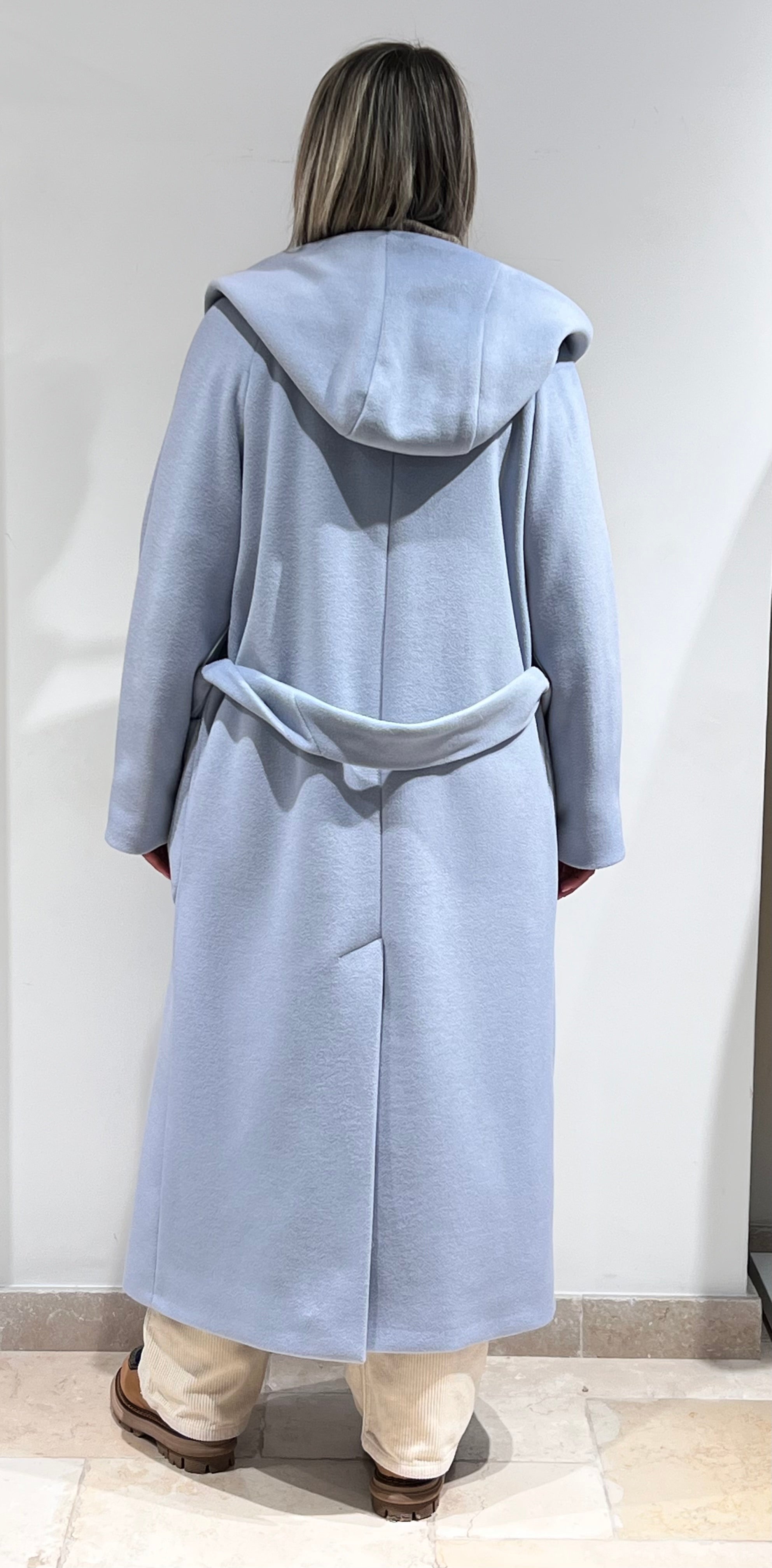 CAPPOTTO DONNA ACCAPPATOIO LUNGO CON CAPPUCCIO CELESTE