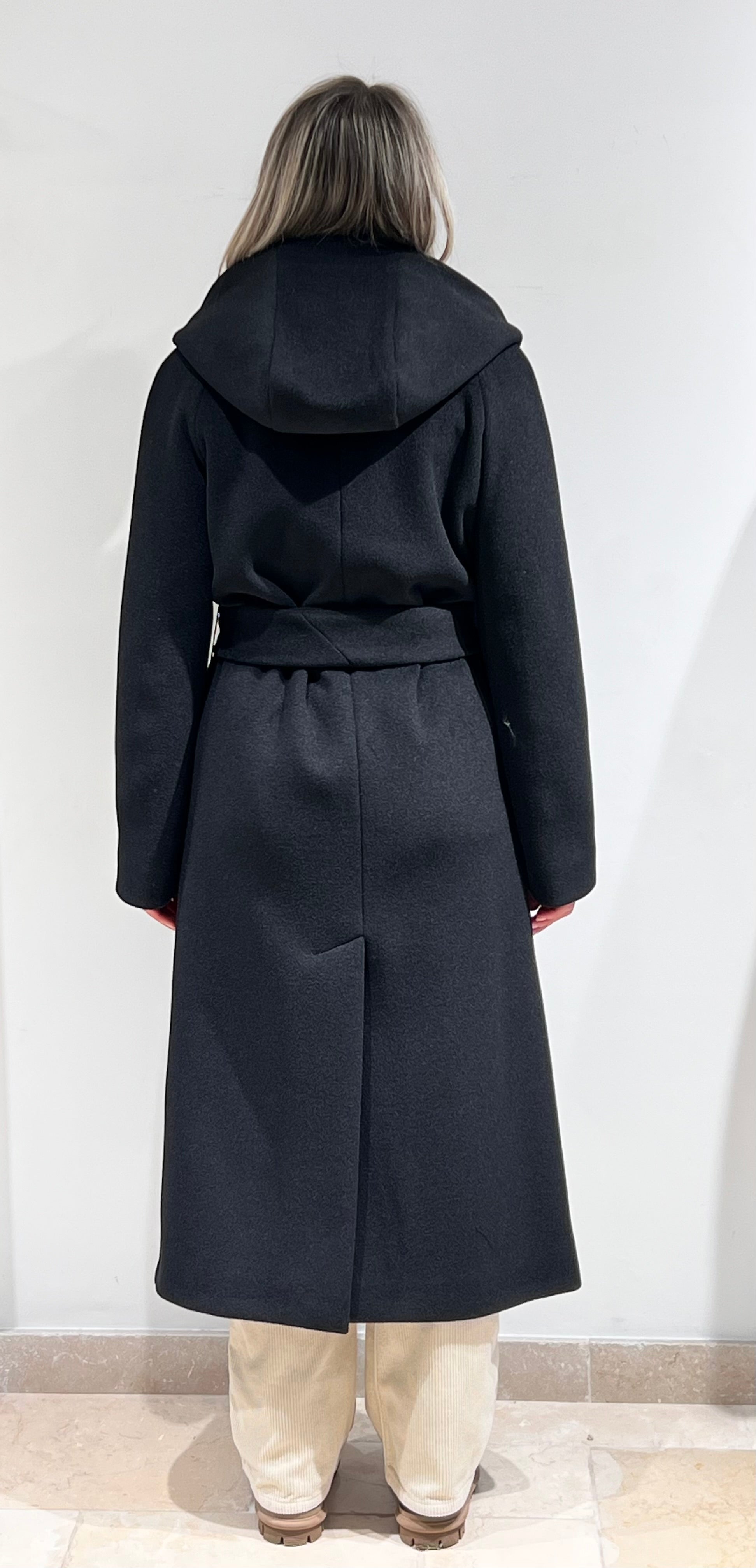 CAPPOTTO DONNA ACCAPPATOIO LUNGO CON CAPPUCCIO  NERO
