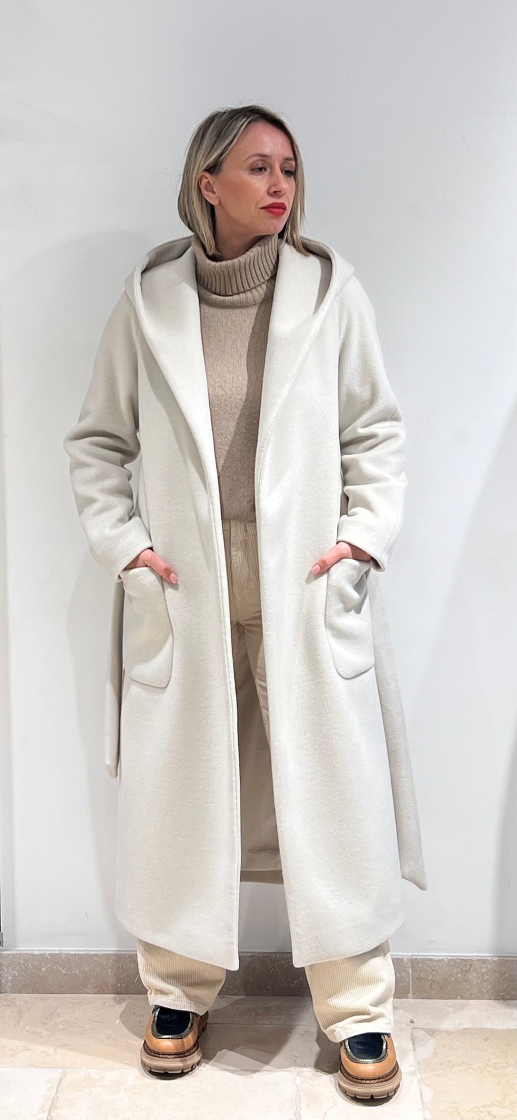 CAPPOTTO DONNA ACCAPPATOIO LUNGO CON CAPPUCCIO  BIANCO